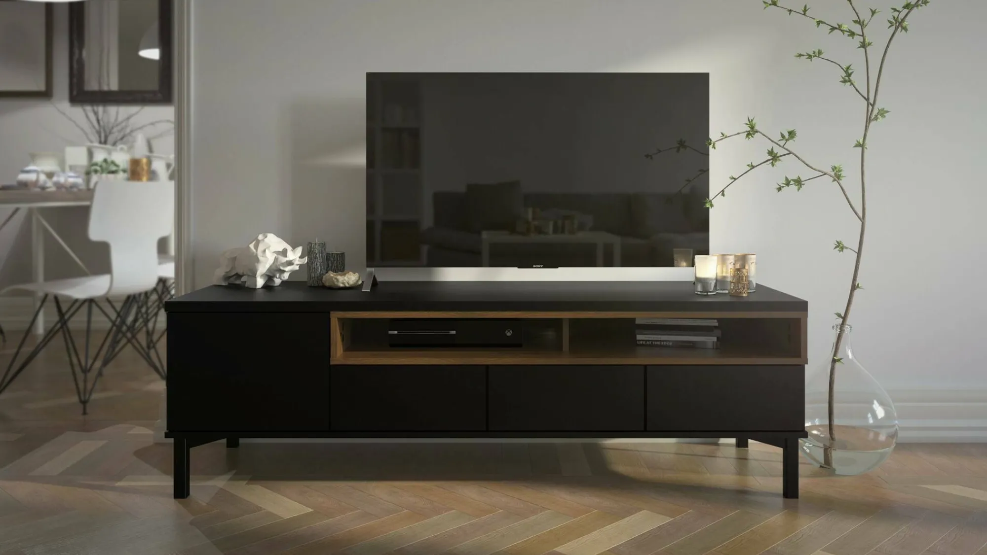 Mobile porta TV Rosata, 48x156 h48 cm, Nero e Noce<Dmora Online