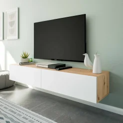 Mobile porta TV Senectus, 180x35h28 cm, Rovere Nodi e Bianco lucido<Dmora Clearance