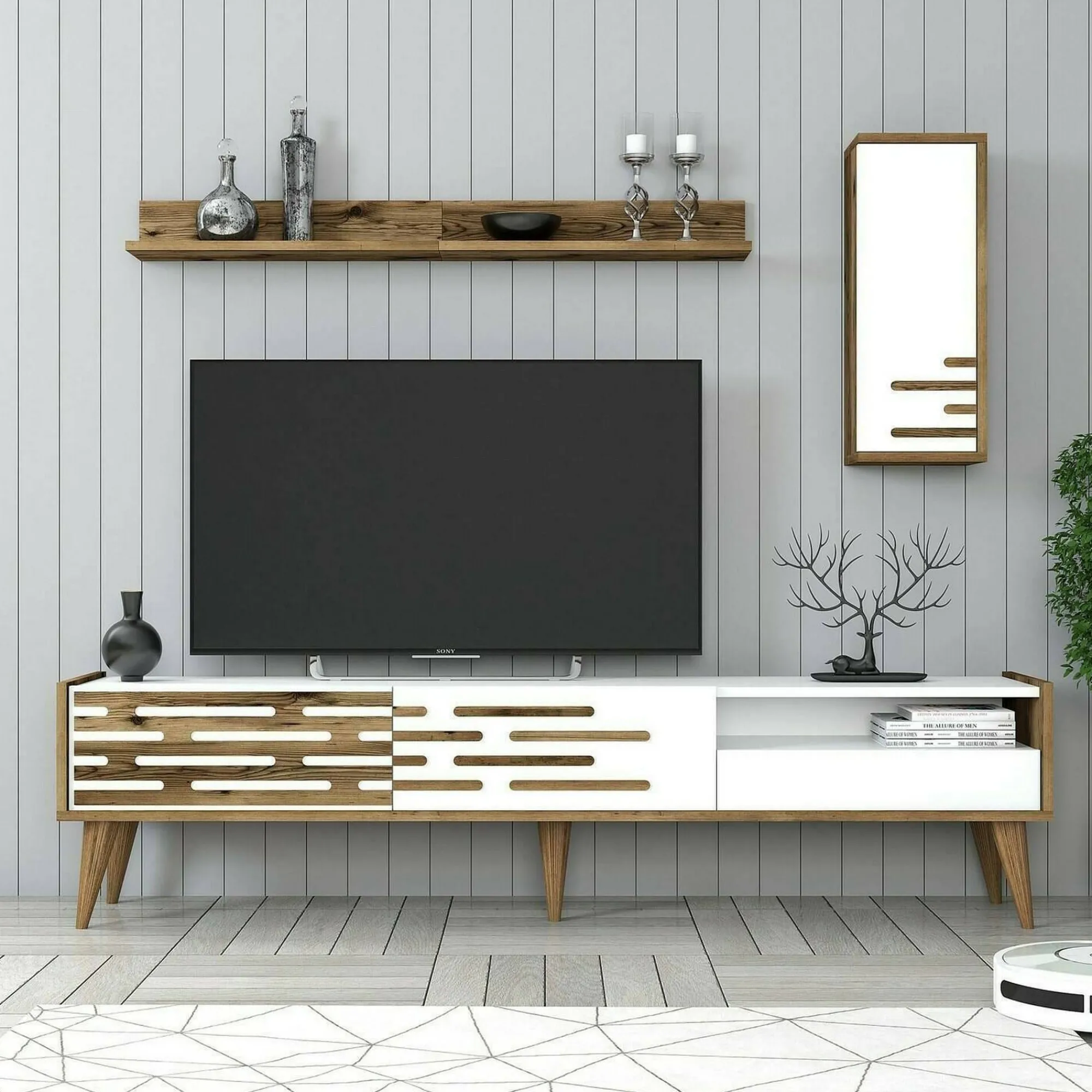 Mobile porta TV Upana, 180x45h35 cm, Bianco e Noce<Dmora Sale