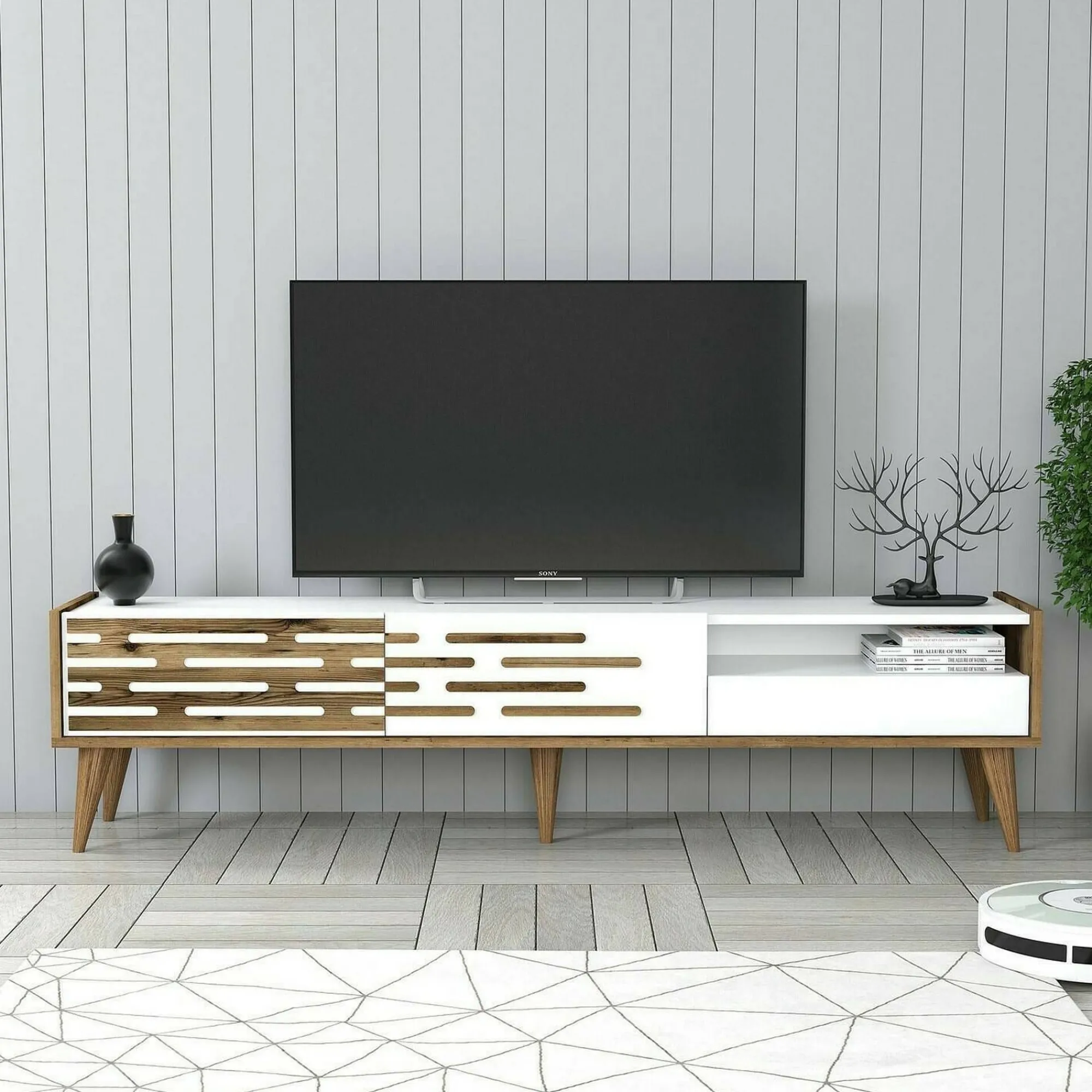 Mobile porta TV Upana, 180x45h35 cm, Bianco e Noce<Dmora Online