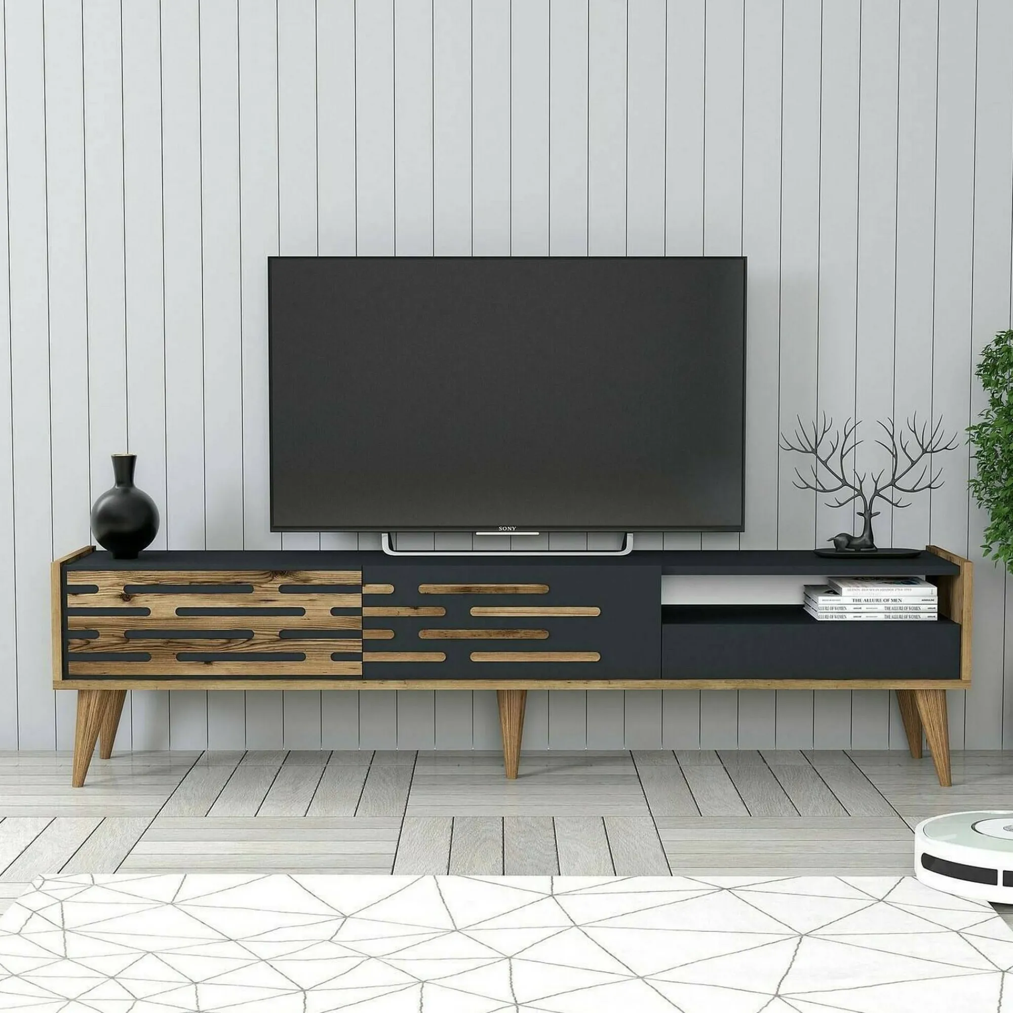 Mobile porta TV Upana, 180x45h35 cm, Antracite e Noce<Dmora Shop