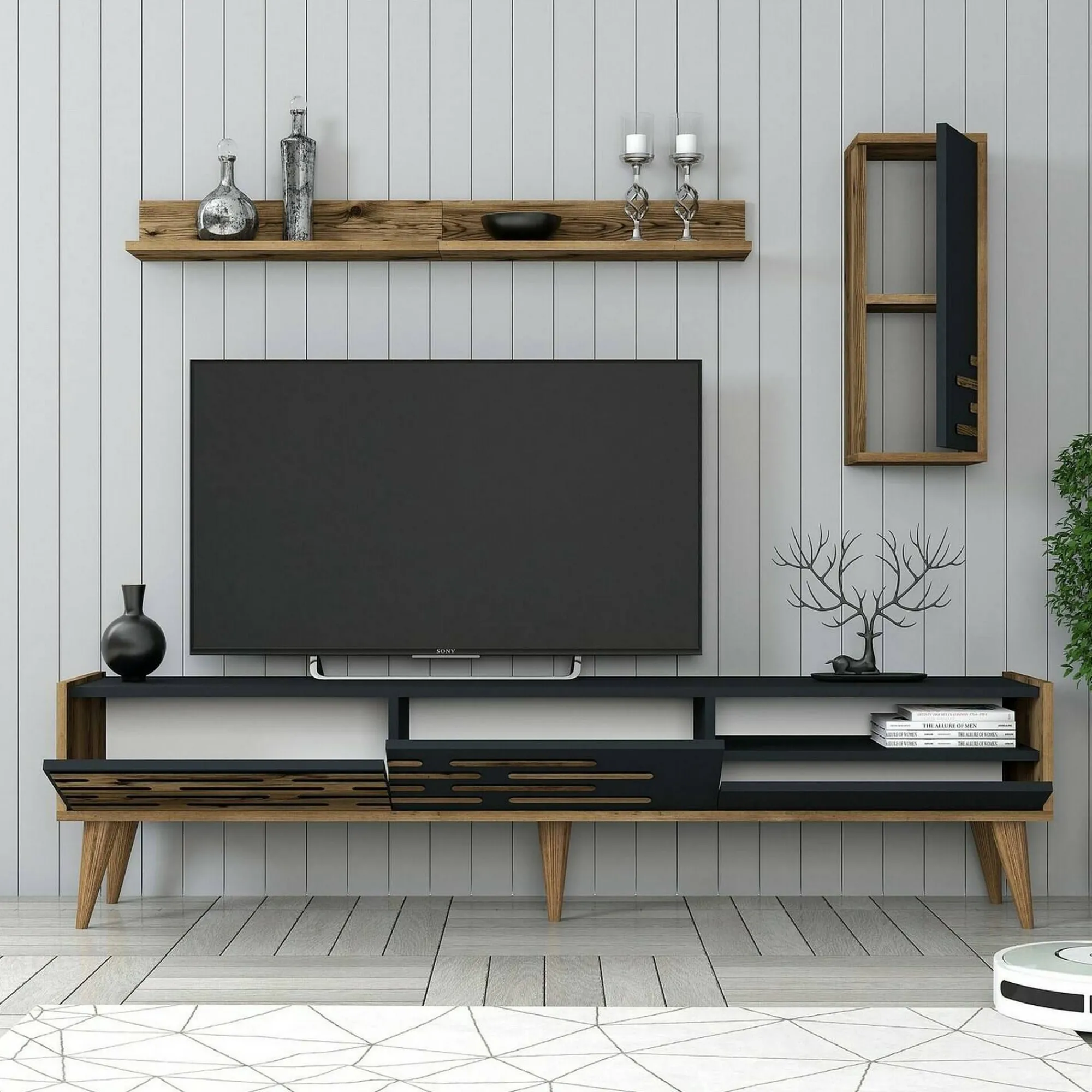 Mobile porta TV Upana, 180x45h35 cm, Antracite e Noce<Dmora Discount