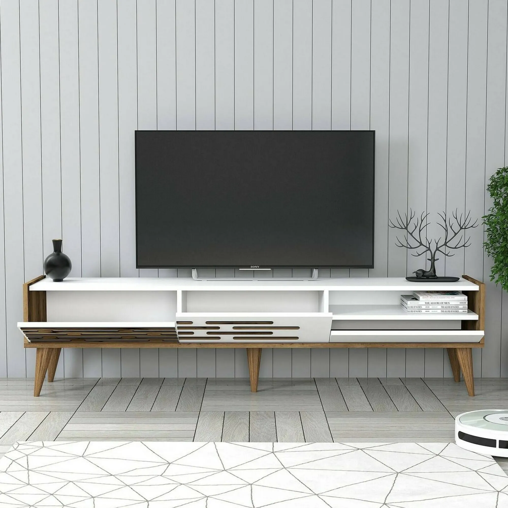 Mobile porta TV Upana, 180x45h35 cm, Bianco e Noce<Dmora Online
