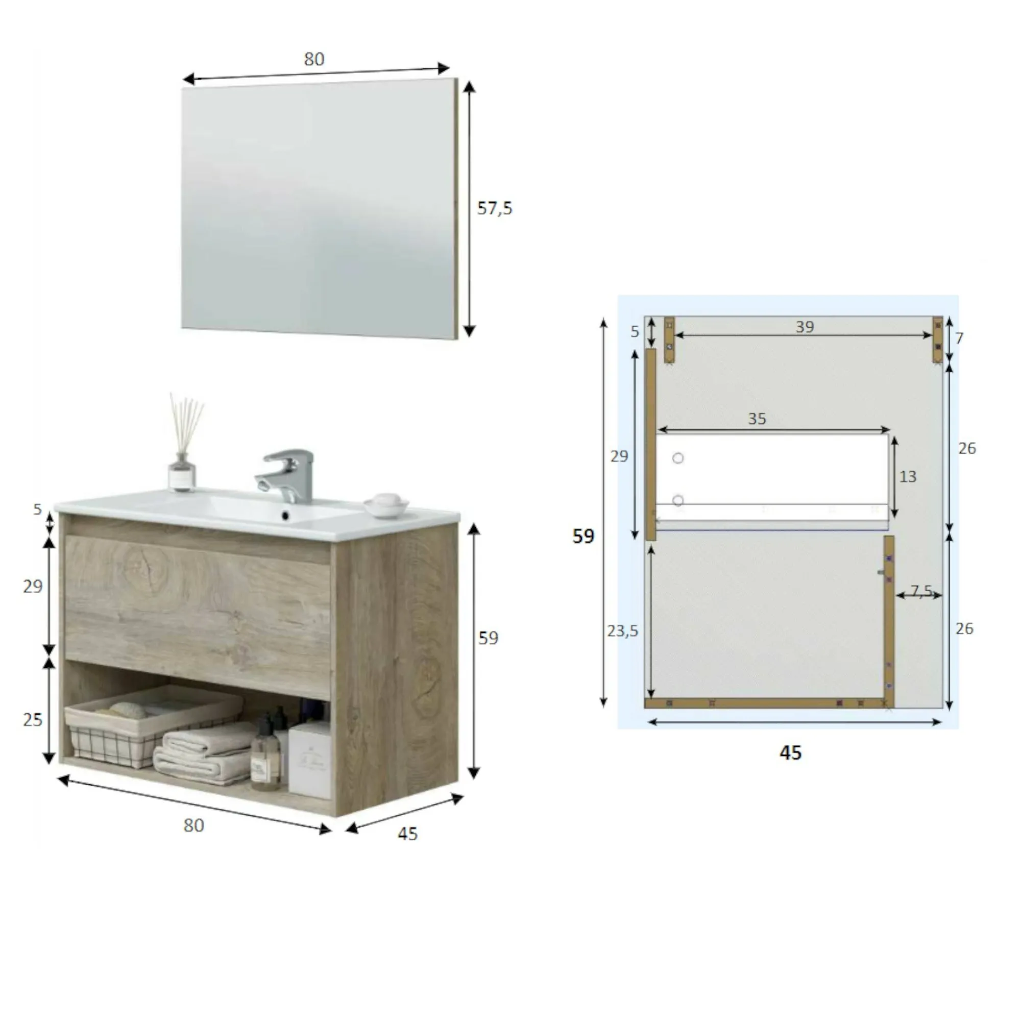 Mobile sottolavabo Akne, 80x59h45 cm, Rovere e Bianco<Dmora New
