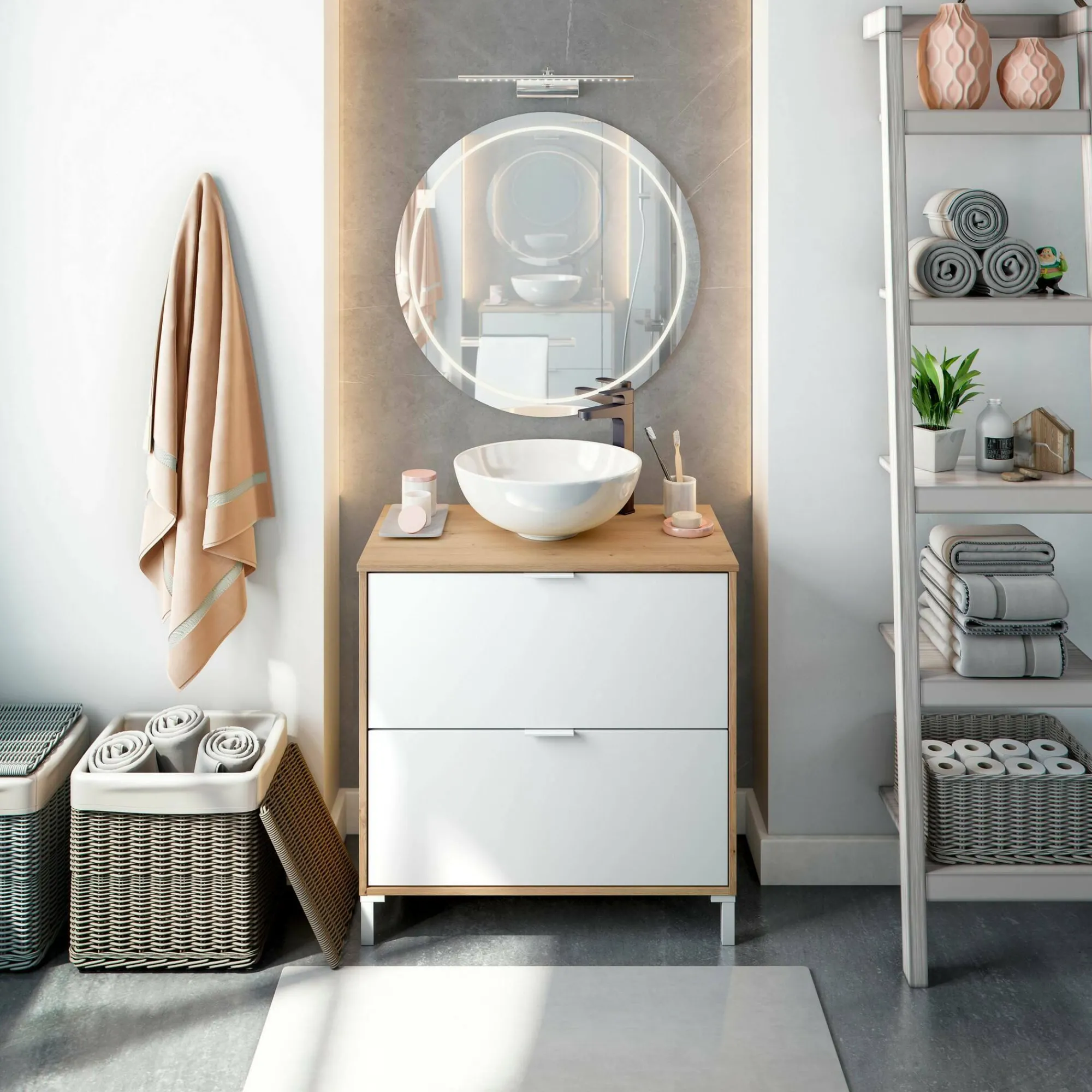 Mobile sottolavabo Bellegra, 79x46 h79 cm, Rovere Nodi e Bianco lucido<Dmora Cheap