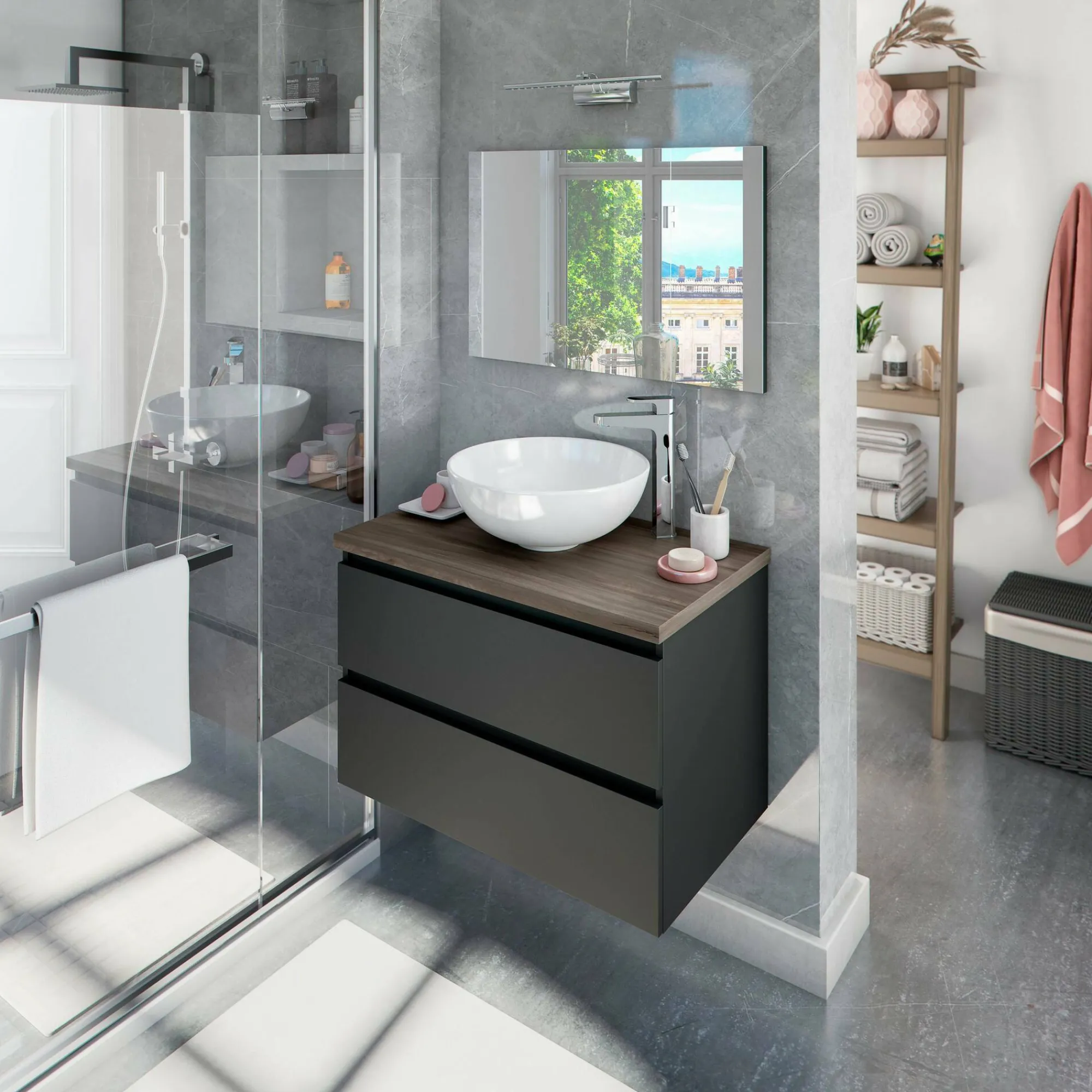 Mobile sottolavabo Dabakumo, 79x46 h53 cm, Antracite e Olmo<Dmora Sale
