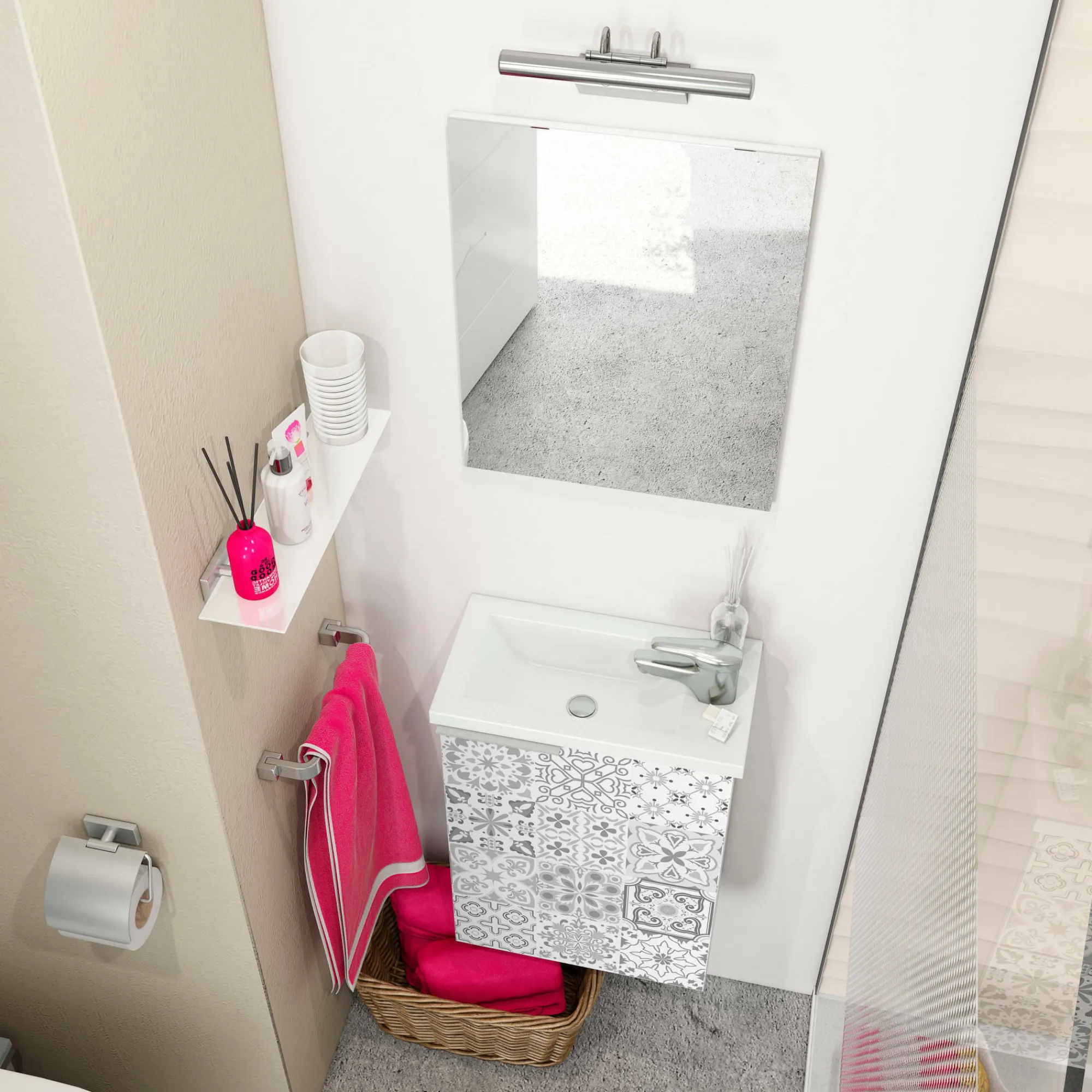 Mobile sottolavabo Dlott, 40x22h58 cm, Bianco lucido e Cemento<Dmora Hot
