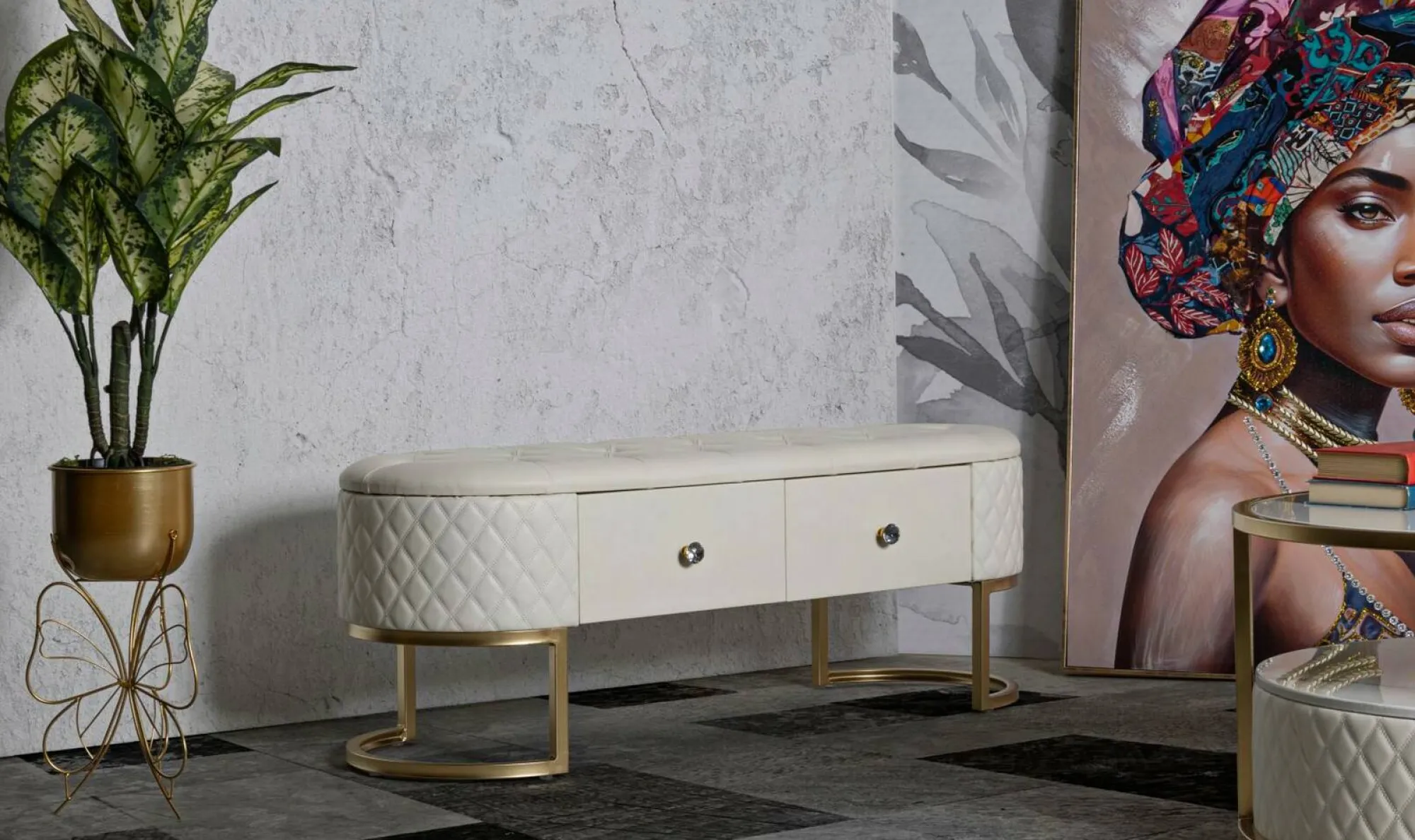 Panca Golfo, 120x40 h43 cm, Bianco e Oro<Dmora Cheap