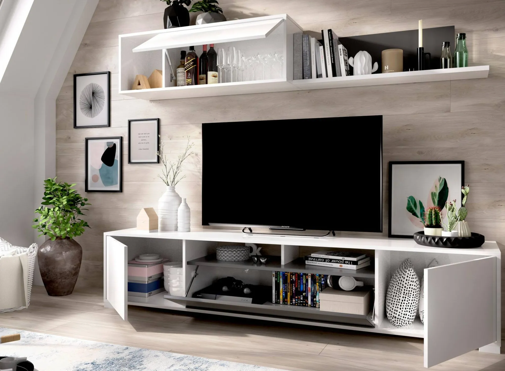 Parete attrezzata Abbete, 200x41h180 cm, Bianco e Antracite<Dmora New