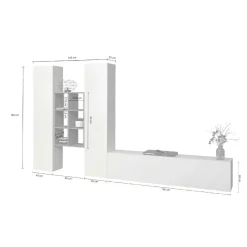 Parete attrezzata Acuto, cm 320x30h180, Bianco lucido e Acero<Dmora Outlet