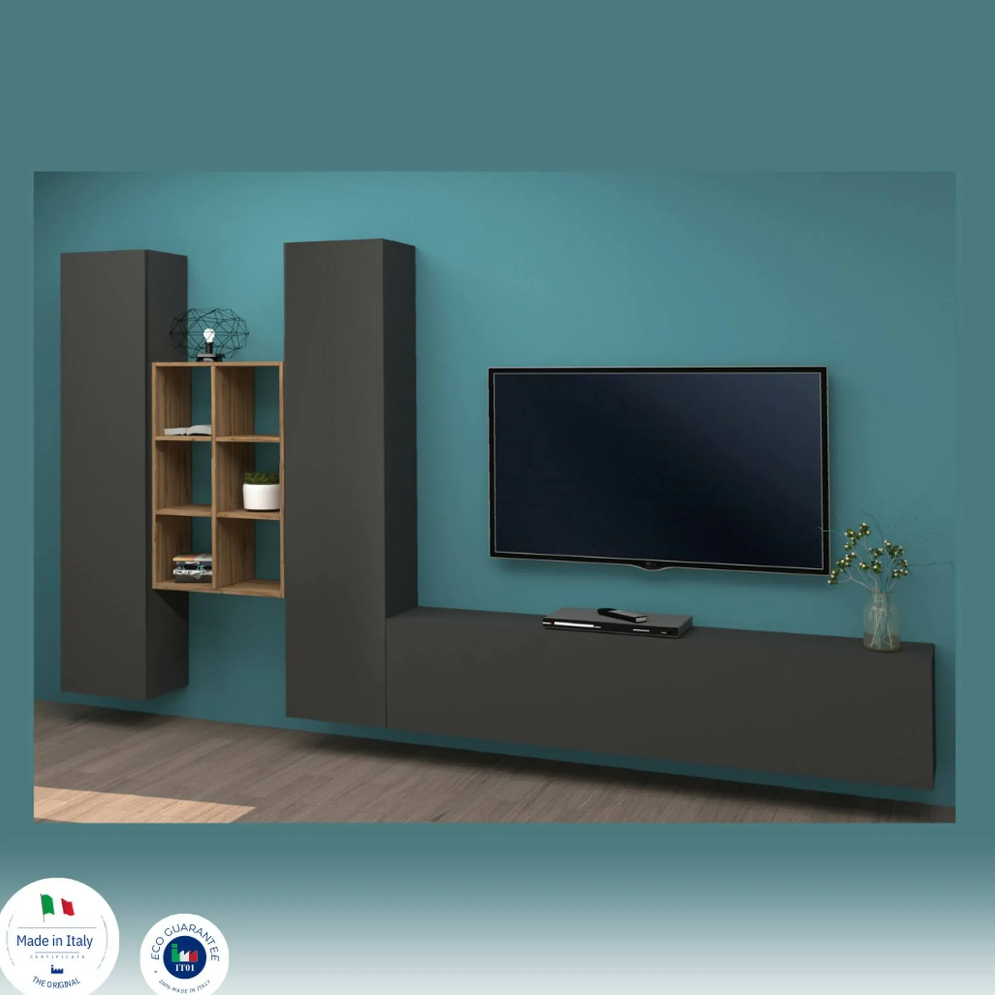 Parete attrezzata Acuto, cm 320x30h180, Antracite e Acero<Dmora Hot