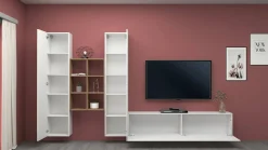 Parete attrezzata Acuto, cm 320x30h180, Bianco lucido e Acero<Dmora Outlet