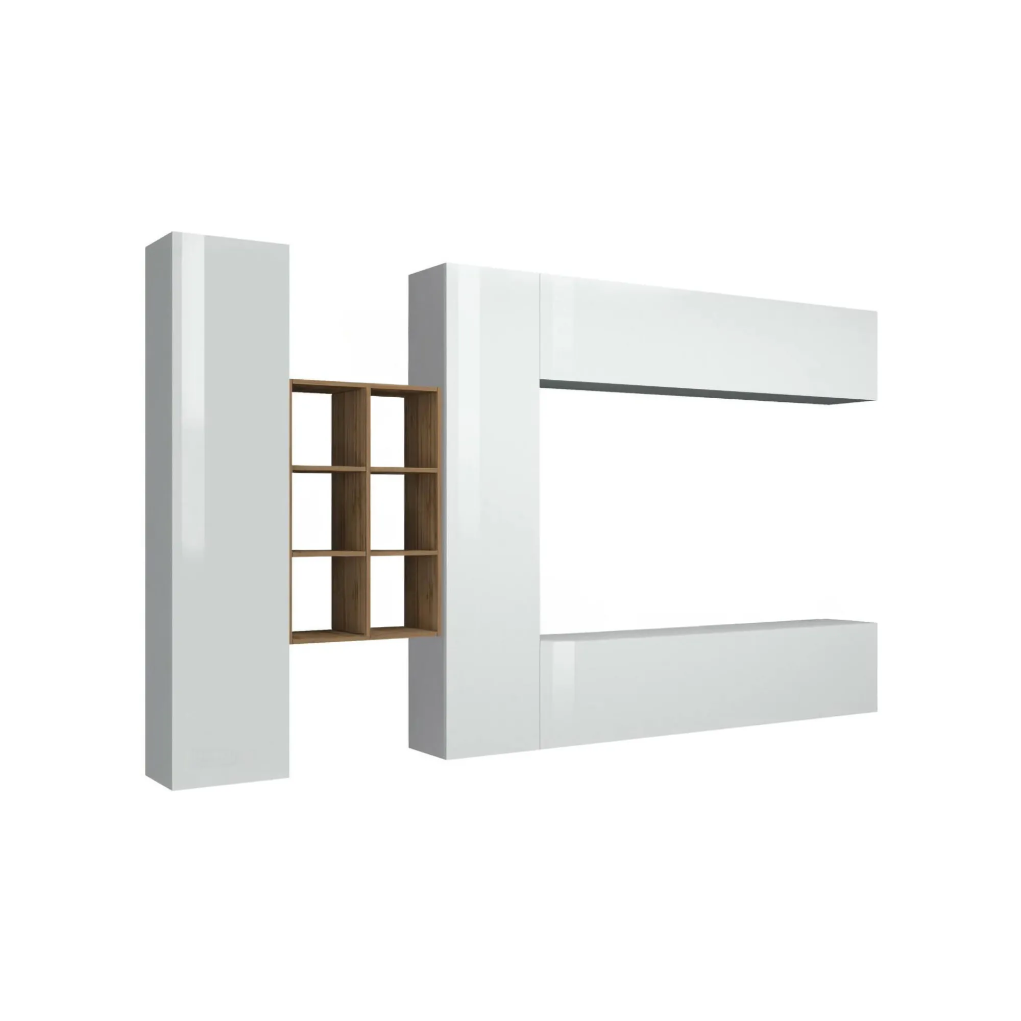 Parete attrezzata Agna, cm 280x30h180, Bianco lucido e Acero<Dmora Best Sale