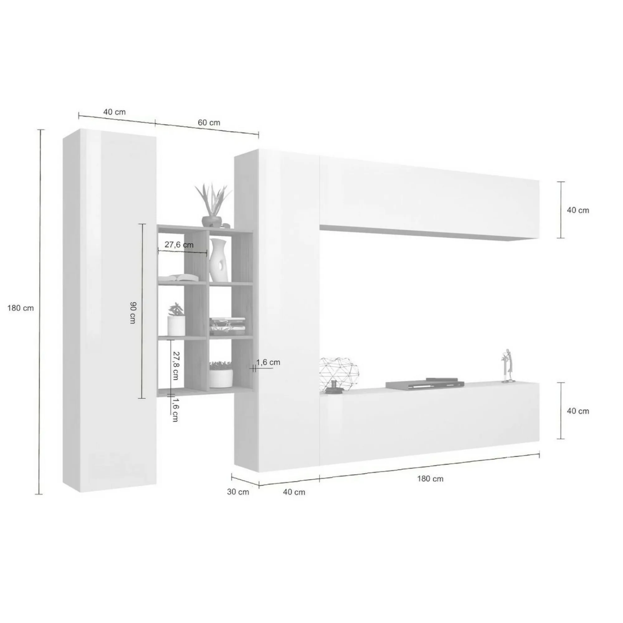 Parete attrezzata Agna, cm 280x30h180, Bianco lucido e Acero<Dmora Best Sale