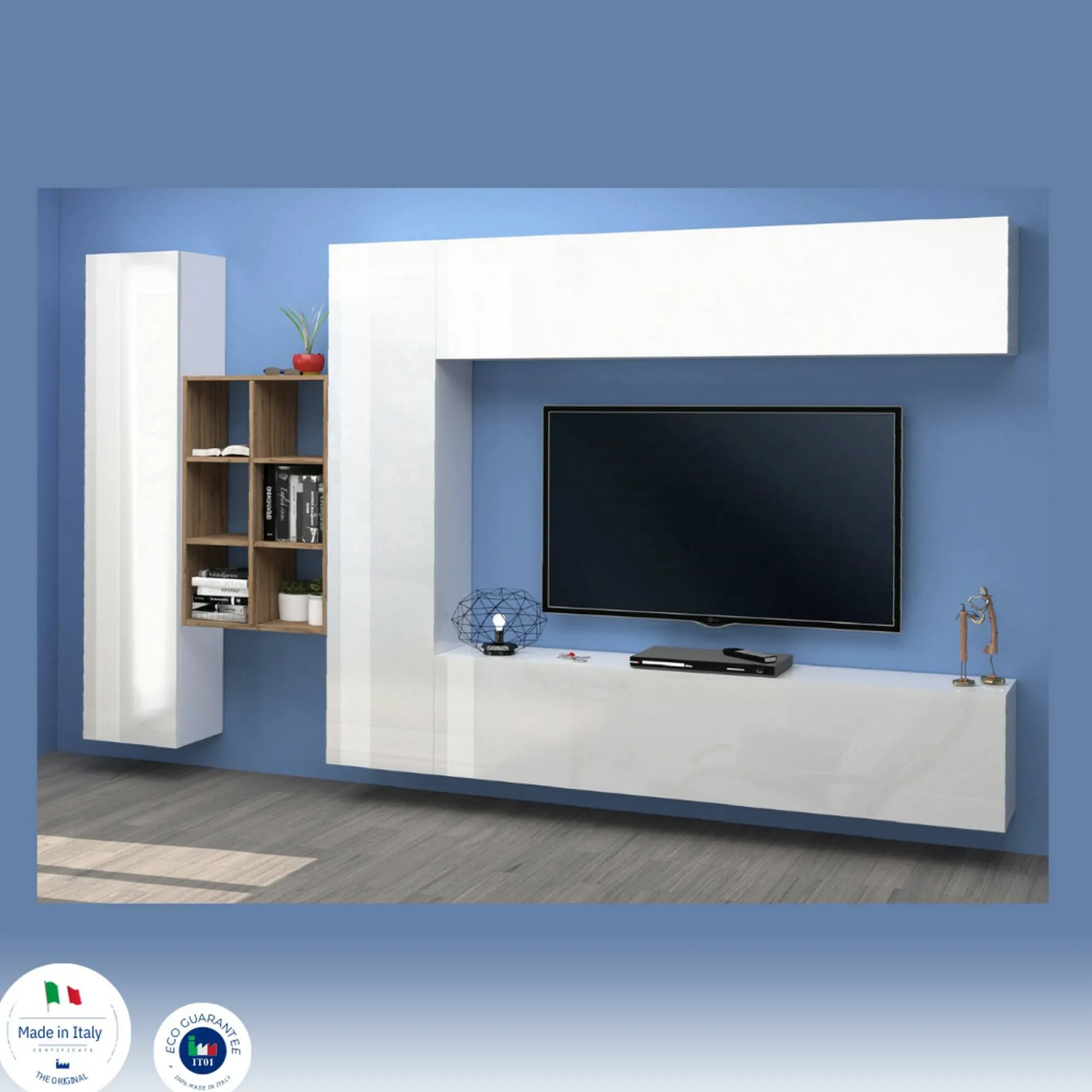 Parete attrezzata Agna, cm 280x30h180, Bianco lucido e Acero<Dmora Best Sale