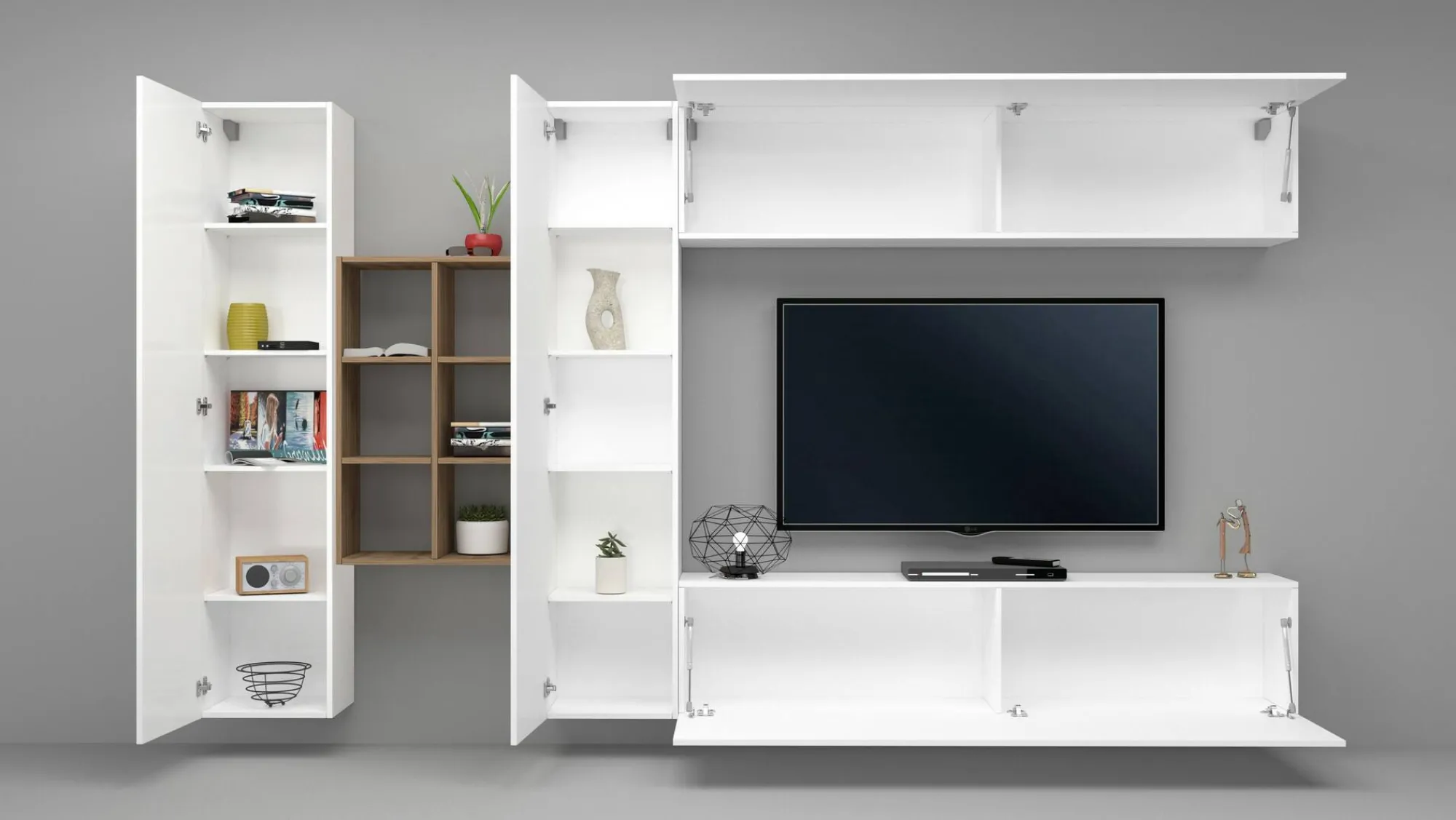 Parete attrezzata Agna, cm 280x30h180, Bianco lucido e Acero<Dmora Best Sale