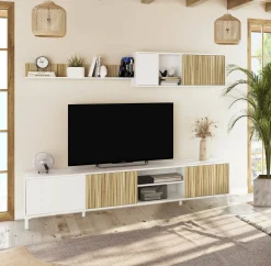 Parete attrezzata Ailano, 200x40 h47 cm, Bianco e Rovere<Dmora Store
