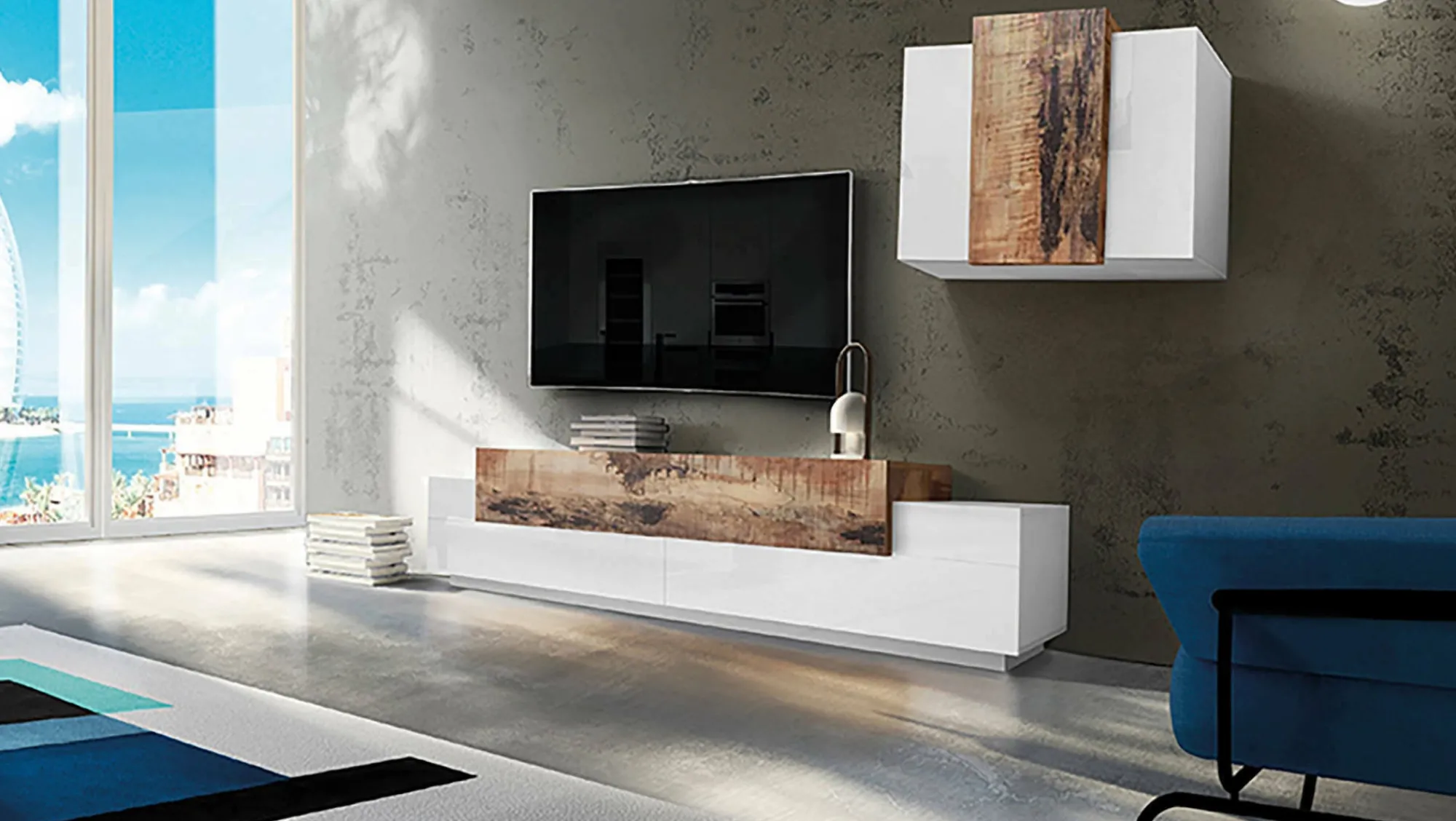 Parete attrezzata Alaskino, cm 240x45h180, Bianco lucido e Acero<Dmora Best Sale