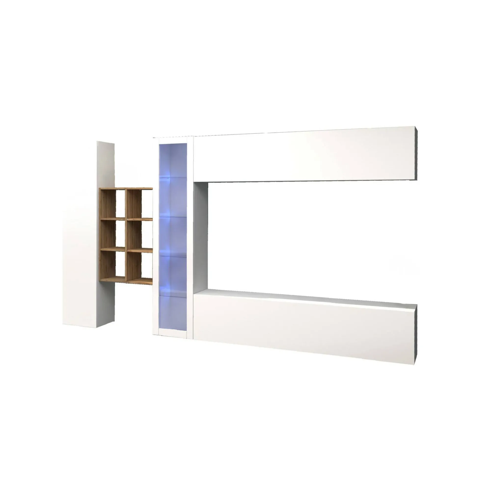 Parete attrezzata Alessano, cm 280x30h180, Bianco lucido e Acero<Dmora Cheap