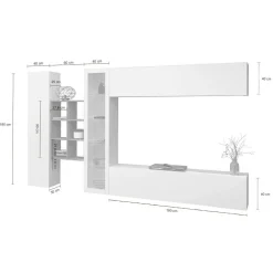 Parete attrezzata Alessano, cm 280x30h180, Bianco lucido e Acero<Dmora Cheap