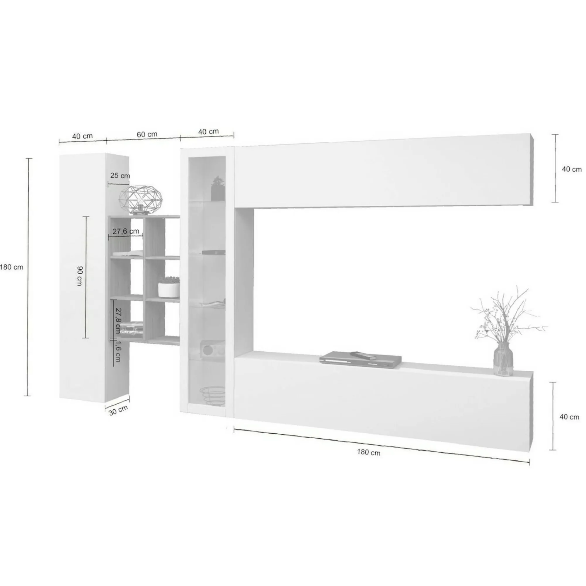 Parete attrezzata Alessano, cm 280x30h180, Bianco lucido e Acero<Dmora Cheap