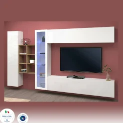 Parete attrezzata Alessano, cm 280x30h180, Bianco lucido e Acero<Dmora Cheap