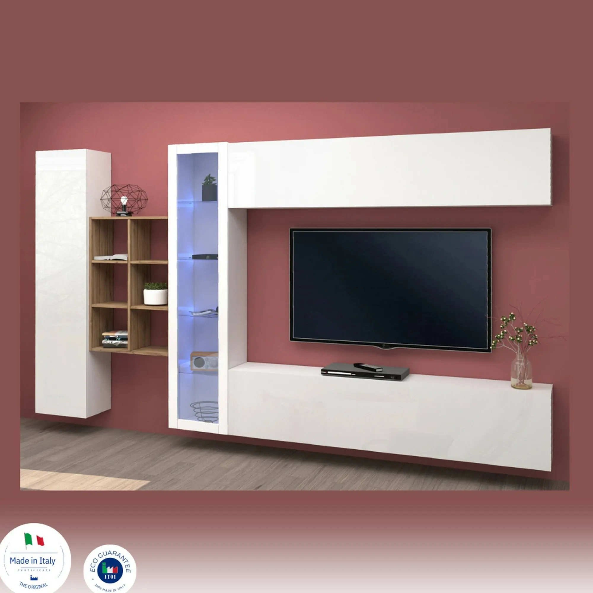 Parete attrezzata Alessano, cm 280x30h180, Bianco lucido e Acero<Dmora Cheap