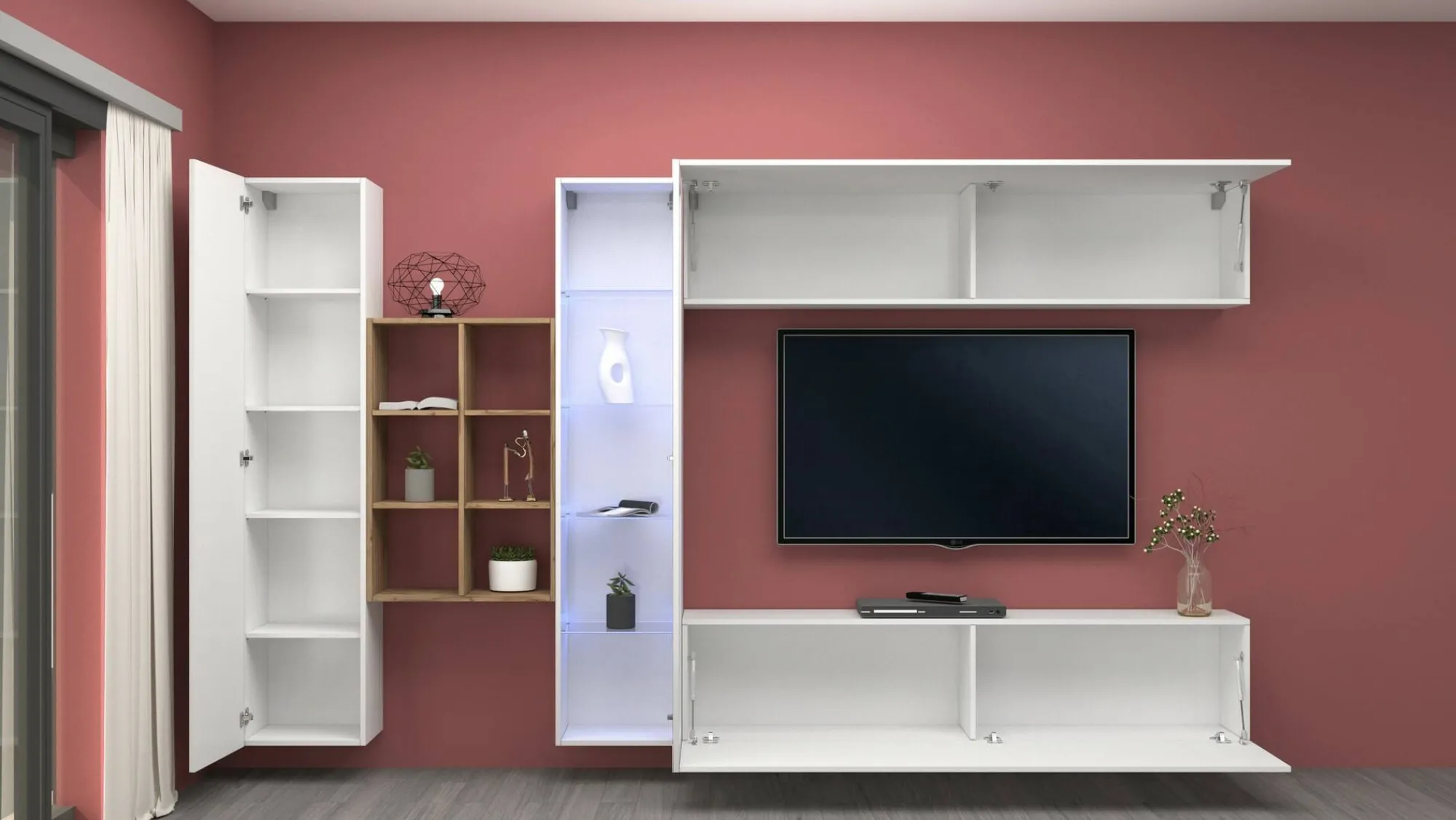 Parete attrezzata Alessano, cm 280x30h180, Bianco lucido e Acero<Dmora Cheap