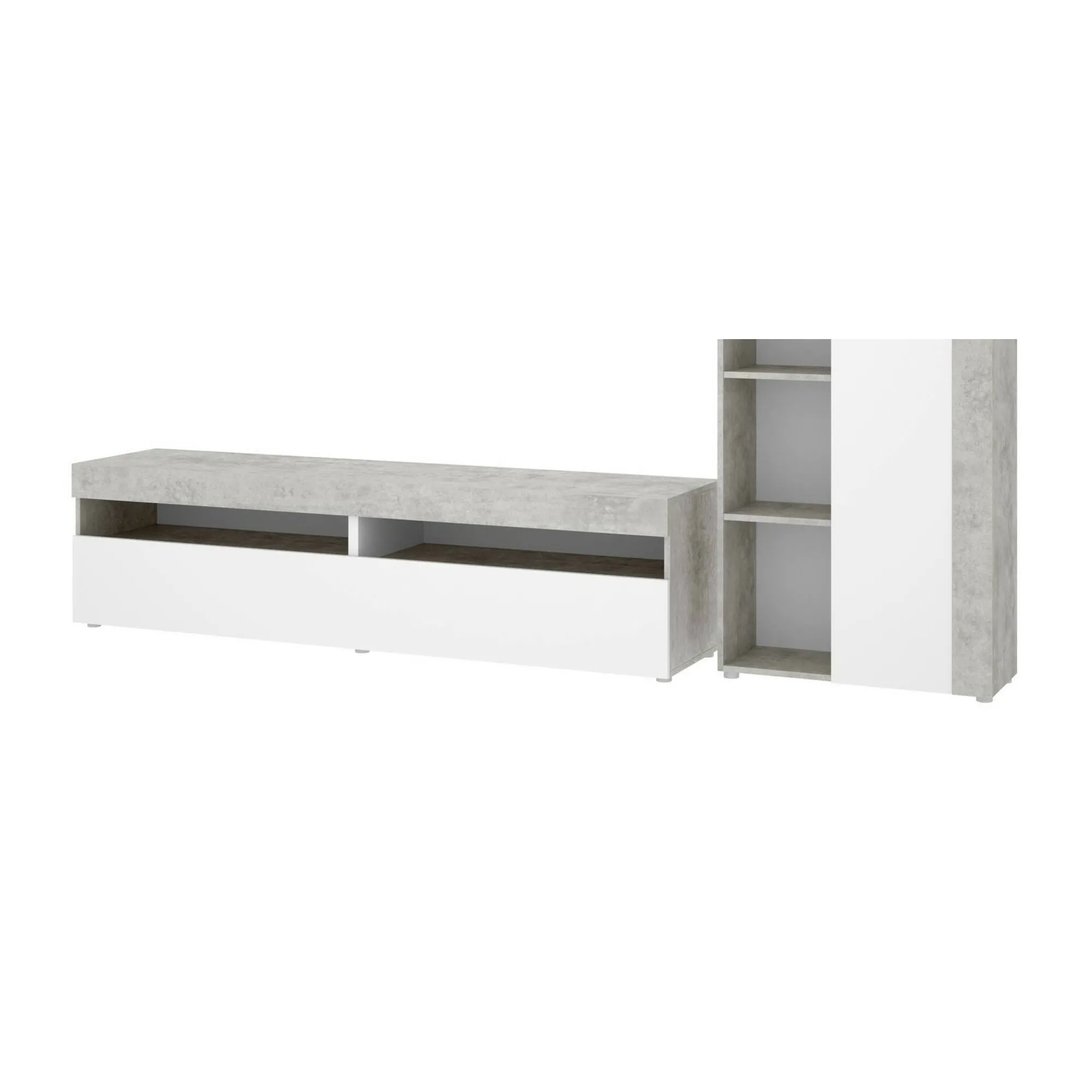 Parete attrezzata Aleu, 265x42h180 cm, Bianco e Cemento<Dmora Sale