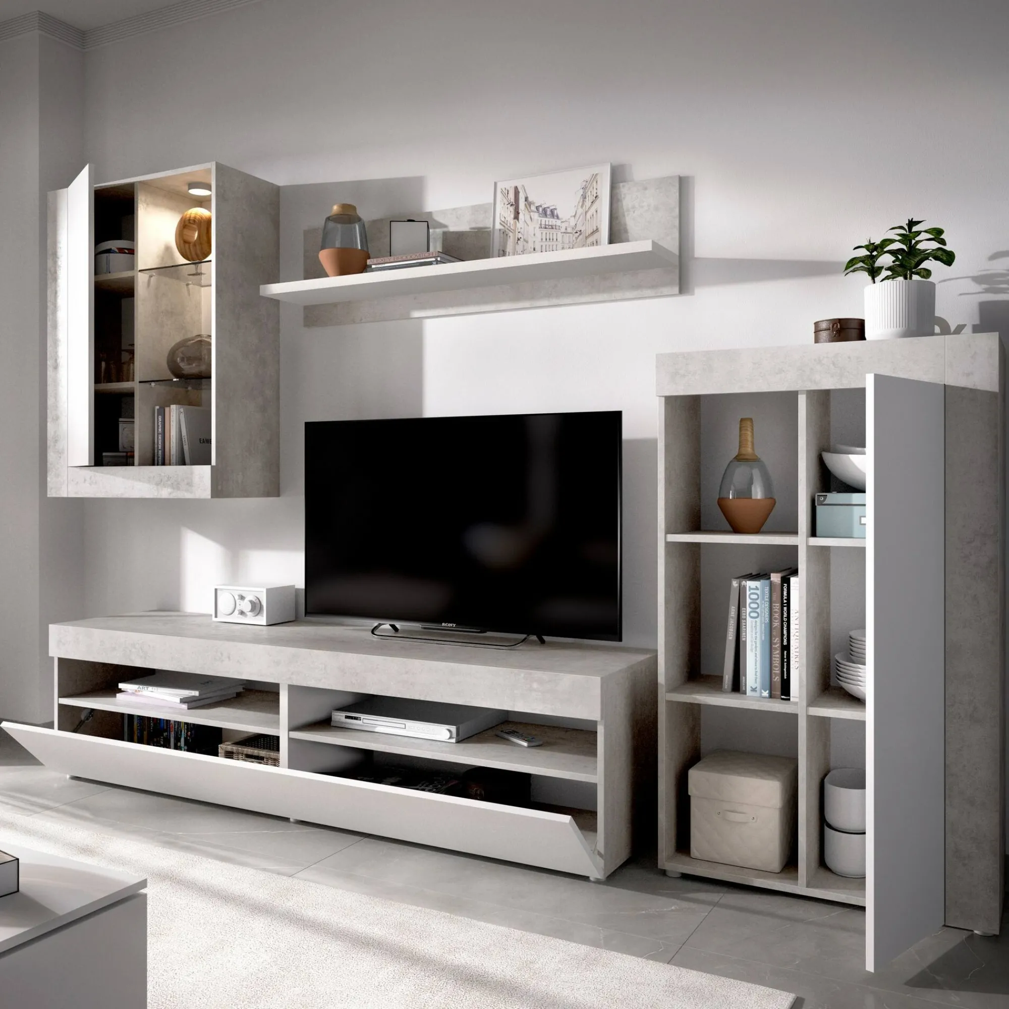 Parete attrezzata Aleu, 265x42h180 cm, Bianco e Cemento<Dmora Sale