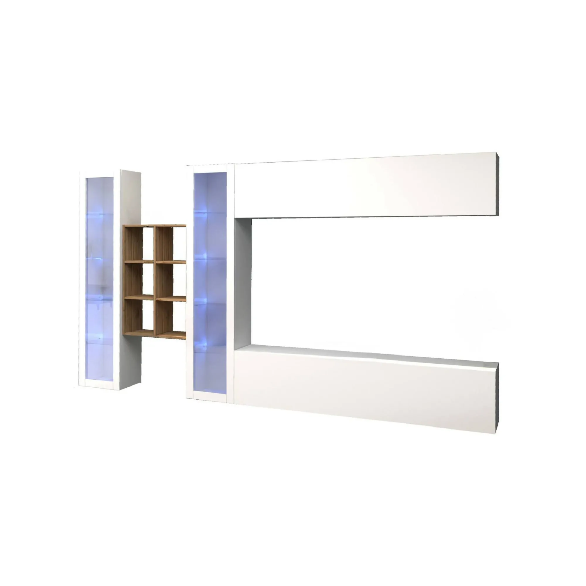Parete attrezzata Alezio, cm 280x30h180, Bianco lucido e Acero<Dmora Best