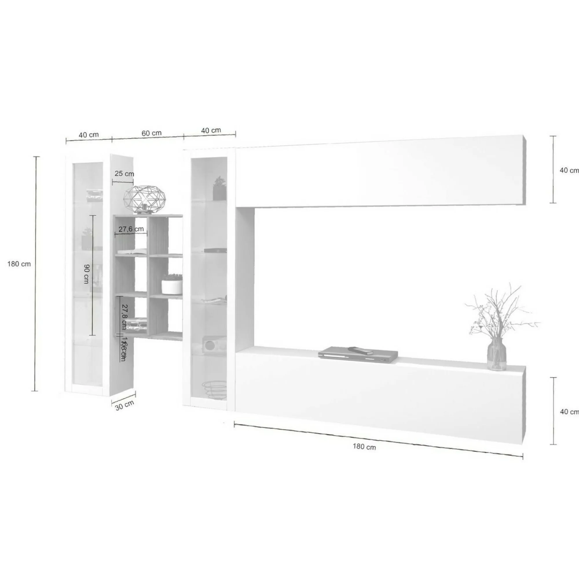 Parete attrezzata Alezio, cm 280x30h180, Bianco lucido e Acero<Dmora Best