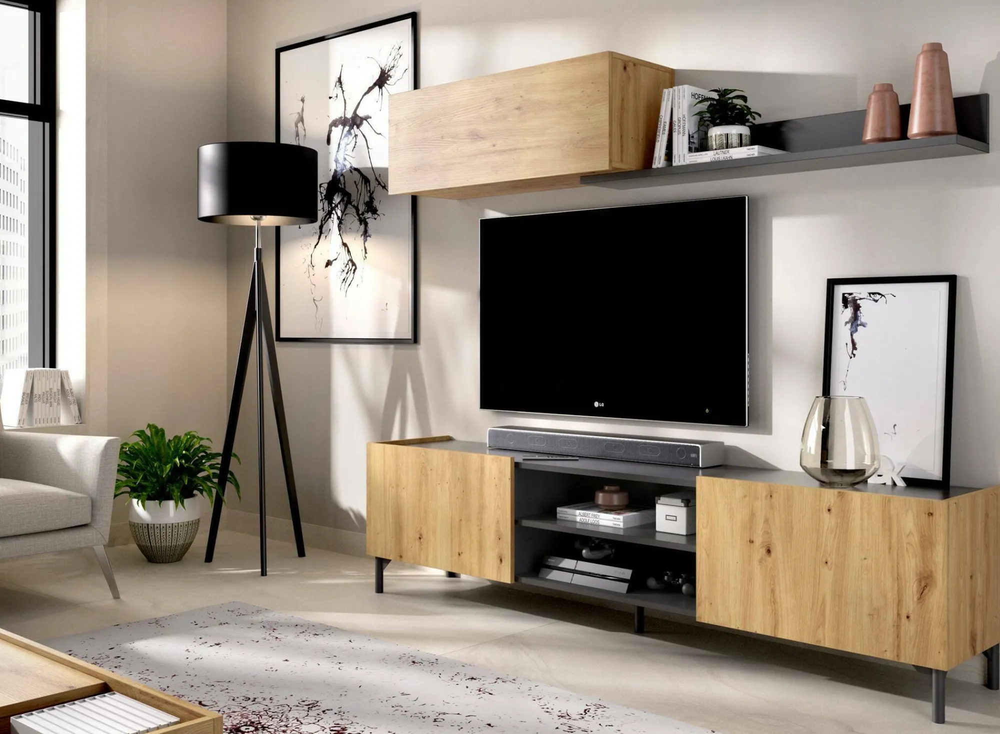 Parete attrezzata Ama, 182x35h180 cm, Rovere Nodi e Antracite<Dmora Store