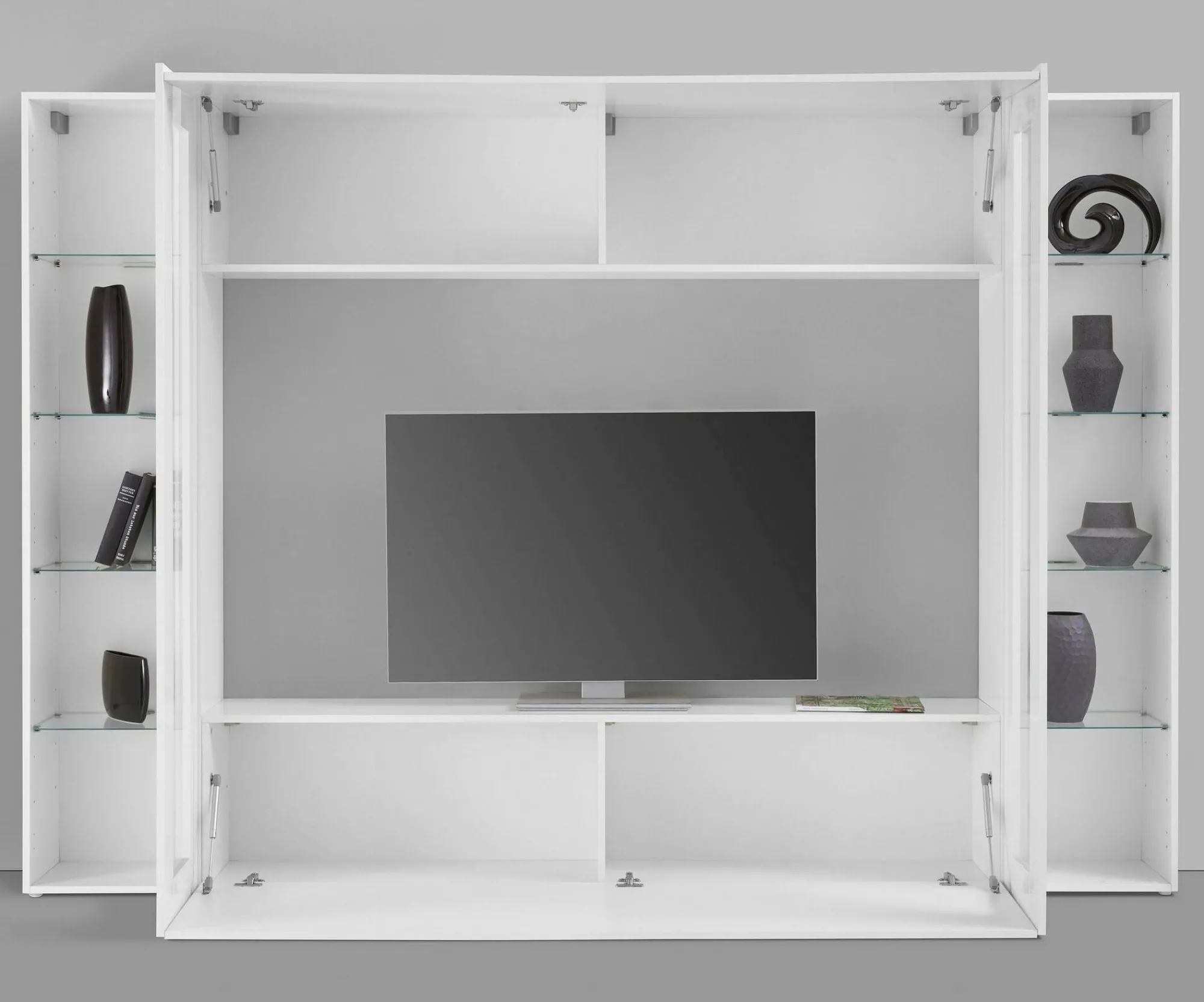 Parete attrezzata Amel, , con luce LED blu e due vetrine<Dmora Store