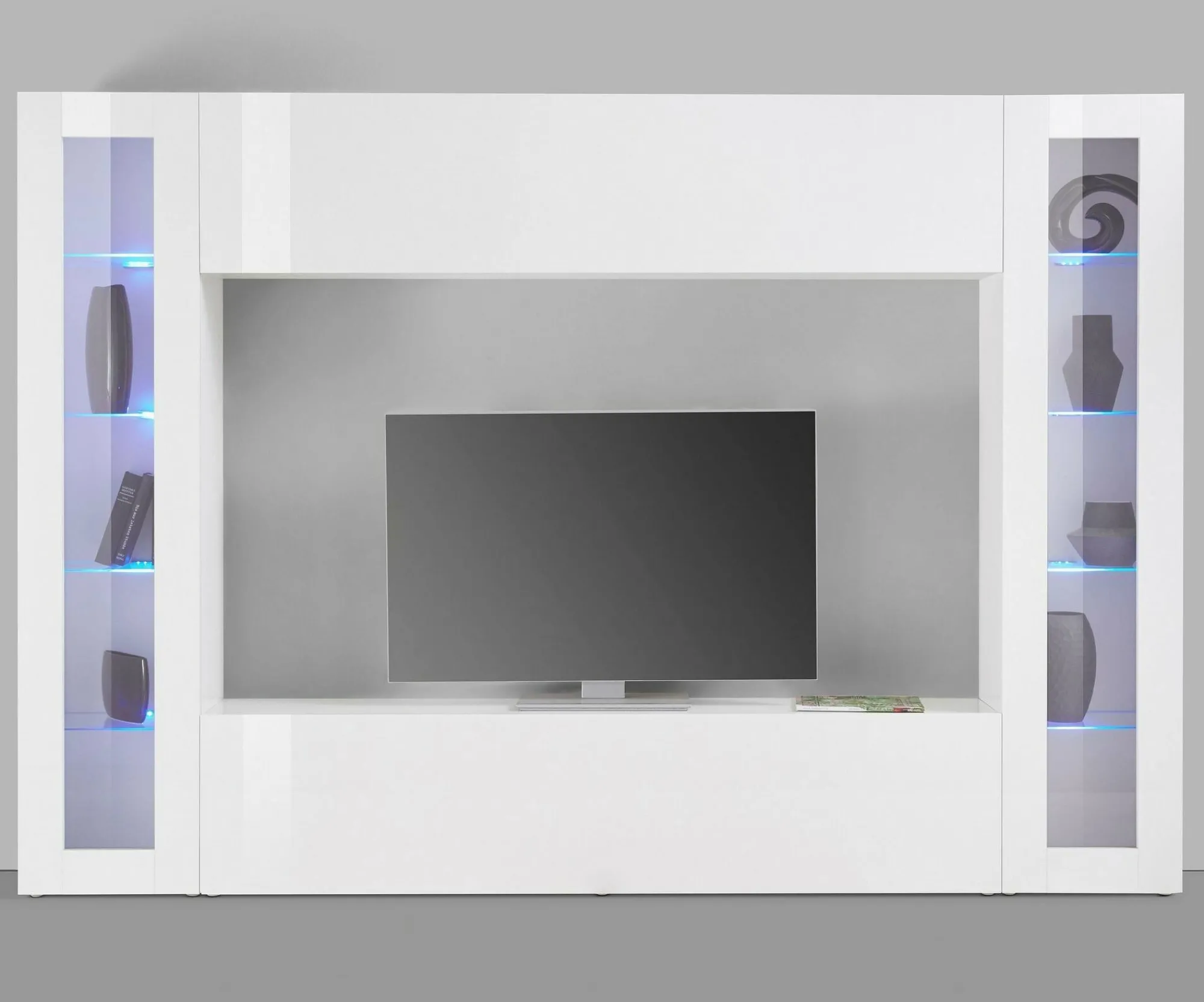 Parete attrezzata Amel, , con luce LED blu e due vetrine<Dmora Store