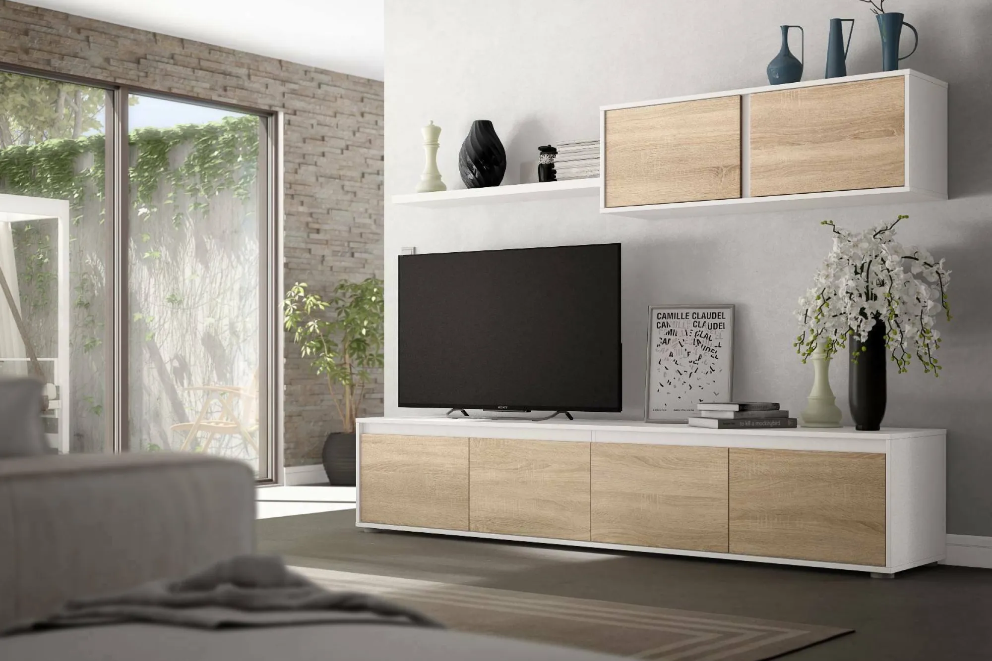Parete attrezzata Amir, 200x41h43 cm, Bianco e Rovere<Dmora Shop