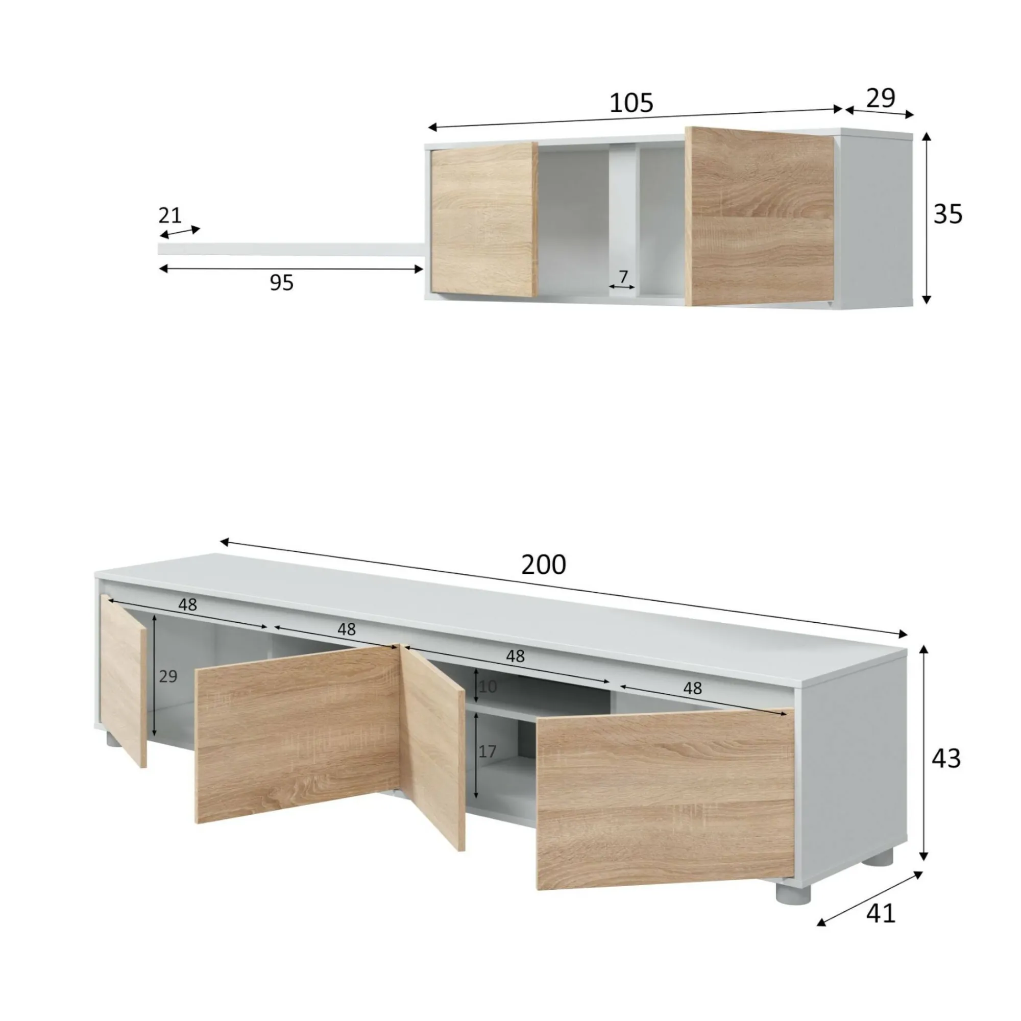 Parete attrezzata Amir, 200x41h43 cm, Bianco e Rovere<Dmora Shop