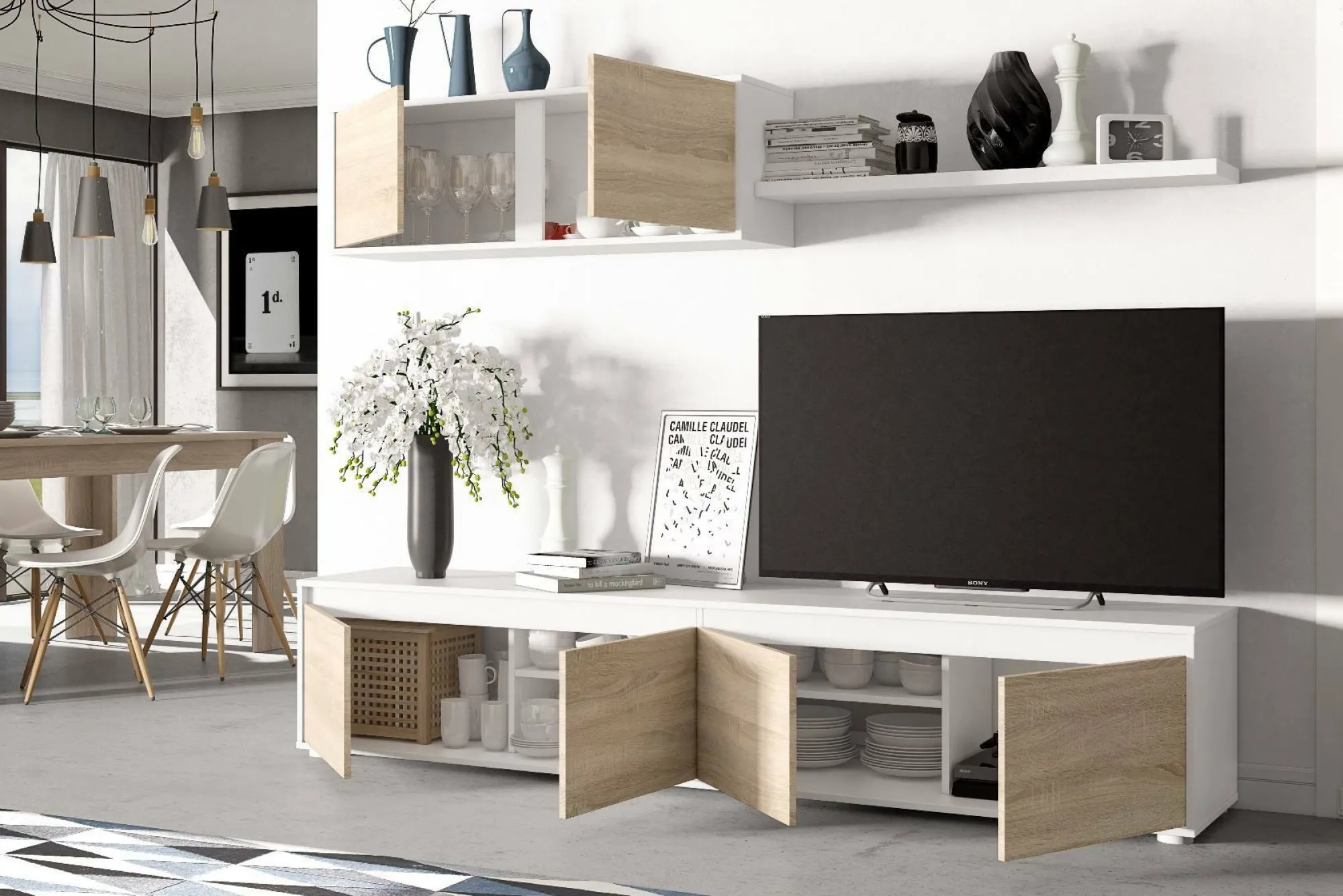 Parete attrezzata Amir, 200x41h43 cm, Bianco e Rovere<Dmora Shop