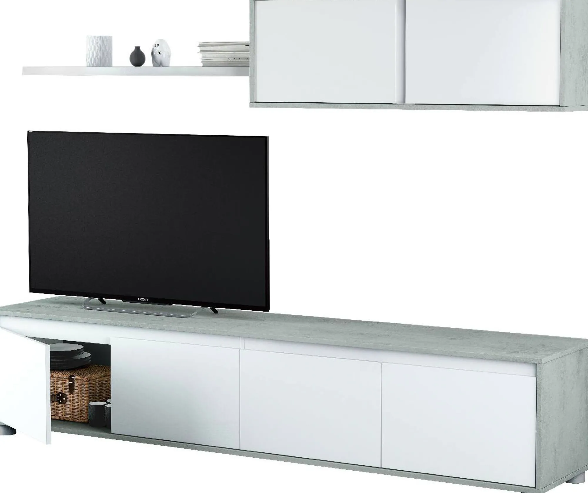 Parete attrezzata Amir, 200x41h43 cm, Bianco e Cemento<Dmora Best