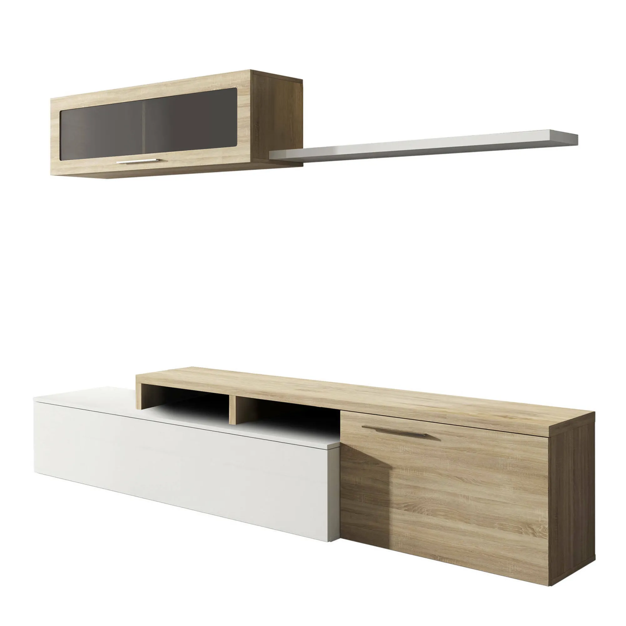 Parete attrezzata Amitraz, 200x41h44 cm, Rovere e Bianco lucido<Dmora Flash Sale