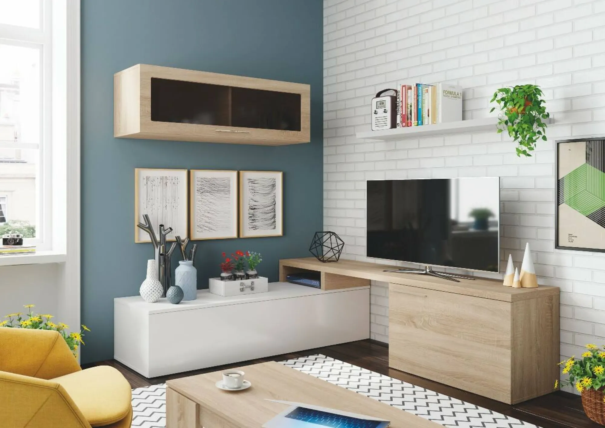 Parete attrezzata Amitraz, 200x41h44 cm, Rovere e Bianco lucido<Dmora Flash Sale