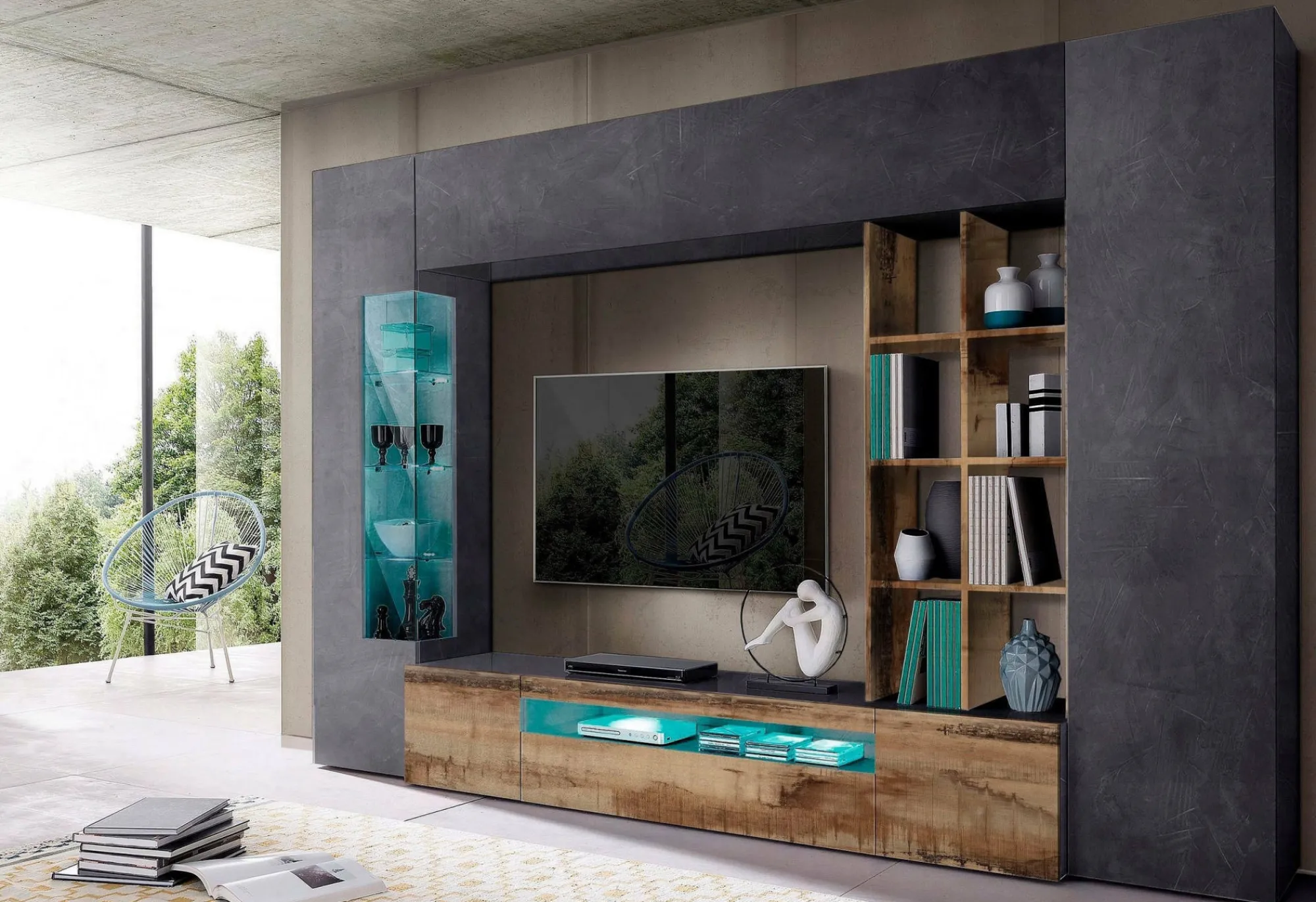 Parete attrezzata Andy, cm 290x40h192, Ardesia e Acero<Dmora Fashion