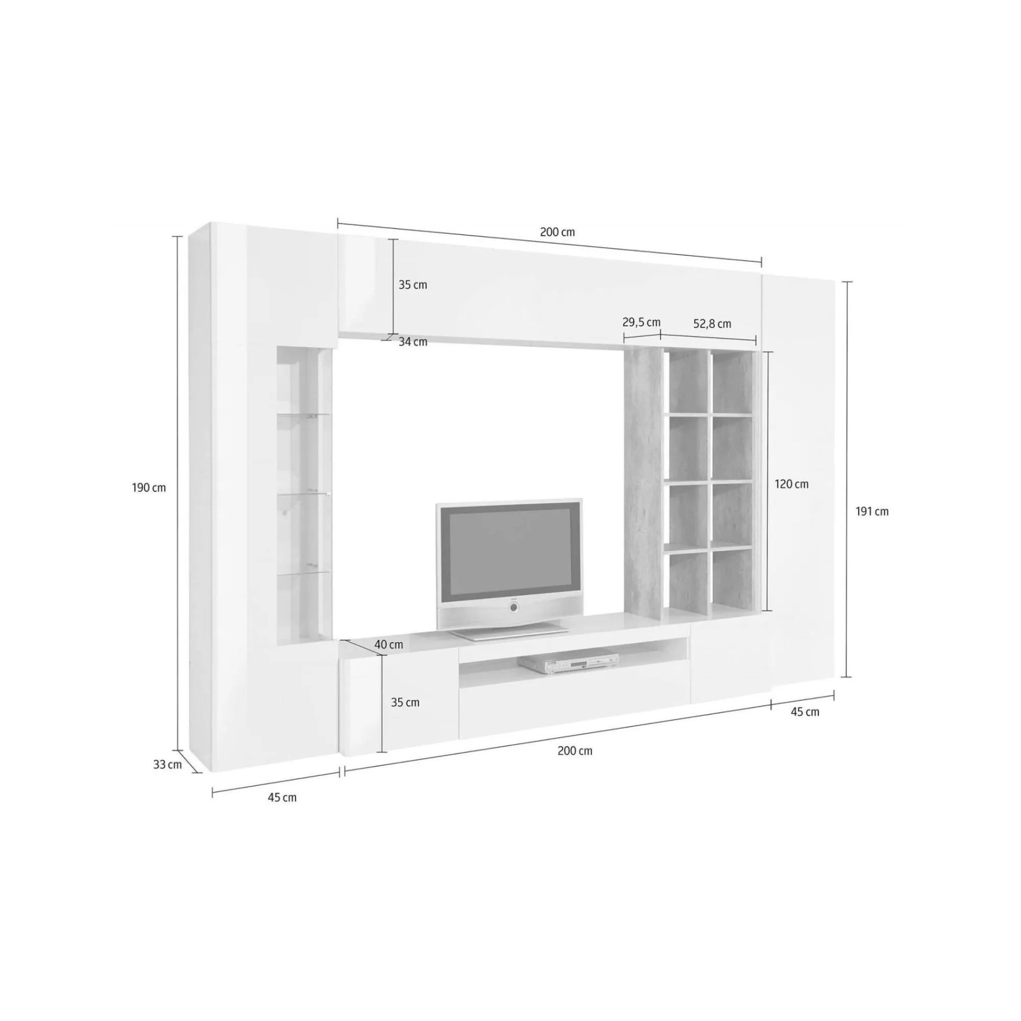 Parete attrezzata Andy, cm 290x40h192, Bianco lucido e Cemento<Dmora Cheap