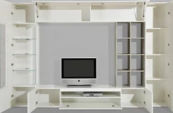 Parete attrezzata Andy, cm 290x40h192, Bianco lucido e Cemento<Dmora Cheap