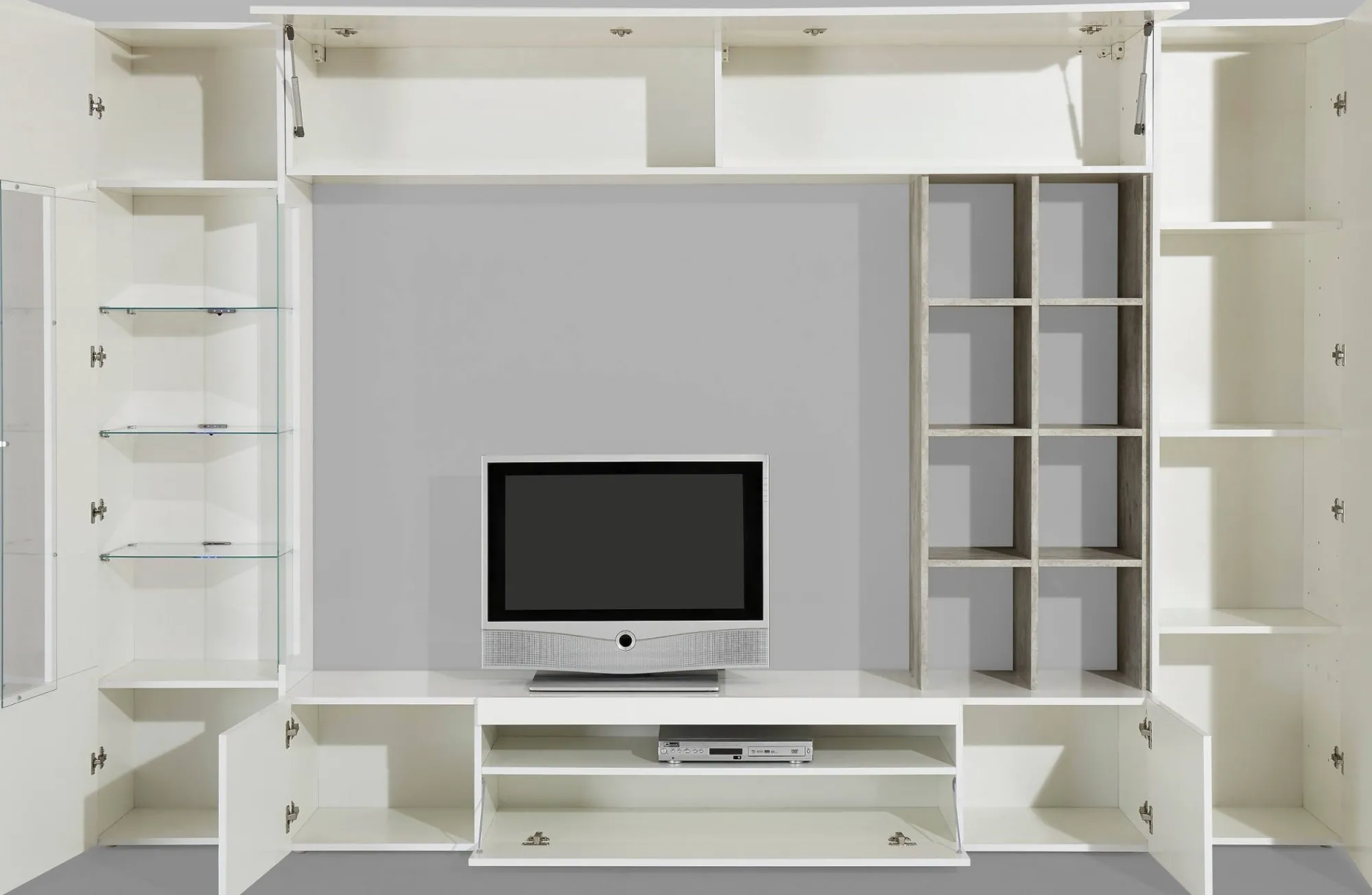 Parete attrezzata Andy, cm 290x40h192, Bianco lucido e Cemento<Dmora Cheap