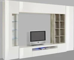 Parete attrezzata Andy, cm 290x40h192, Bianco lucido e Cemento<Dmora Cheap