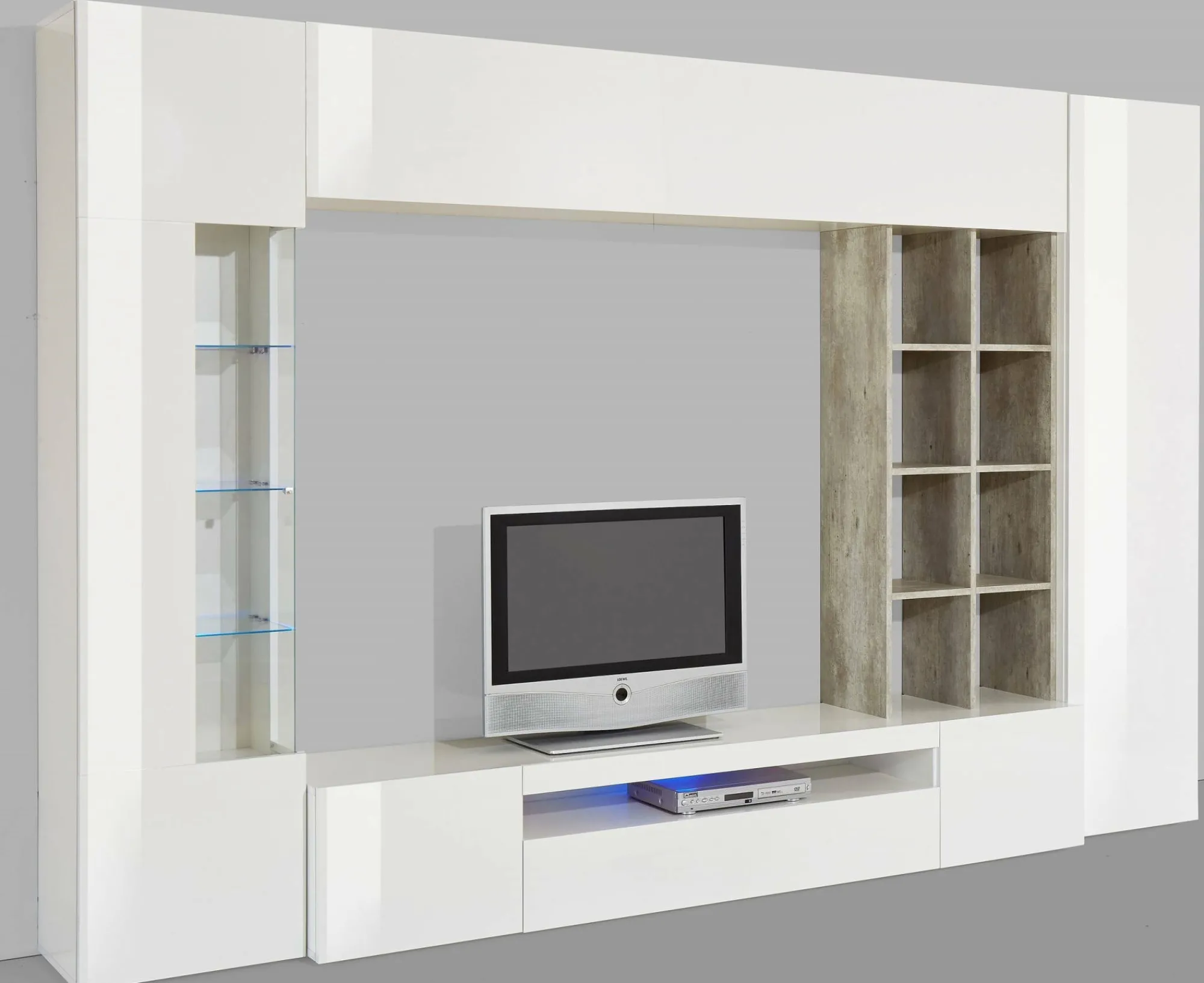 Parete attrezzata Andy, cm 290x40h192, Bianco lucido e Cemento<Dmora Cheap