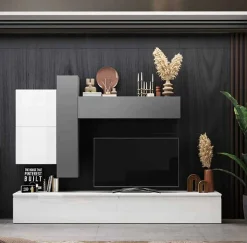 Parete attrezzata Anemolo, 276x40 h190 cm, Bianco lucido e Ardesia<Dmora Shop