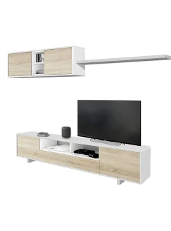 Parete attrezzata Angora, 260x41h46 cm, Bianco lucido e Rovere<Dmora Sale