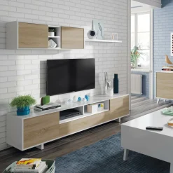 Parete attrezzata Angora, 260x41h46 cm, Bianco lucido e Rovere<Dmora Sale